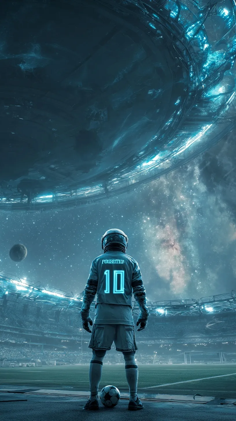 A soccer player in a spacesuit and jersey standing on a futuristic stadium in space, cinematic galaxy background.