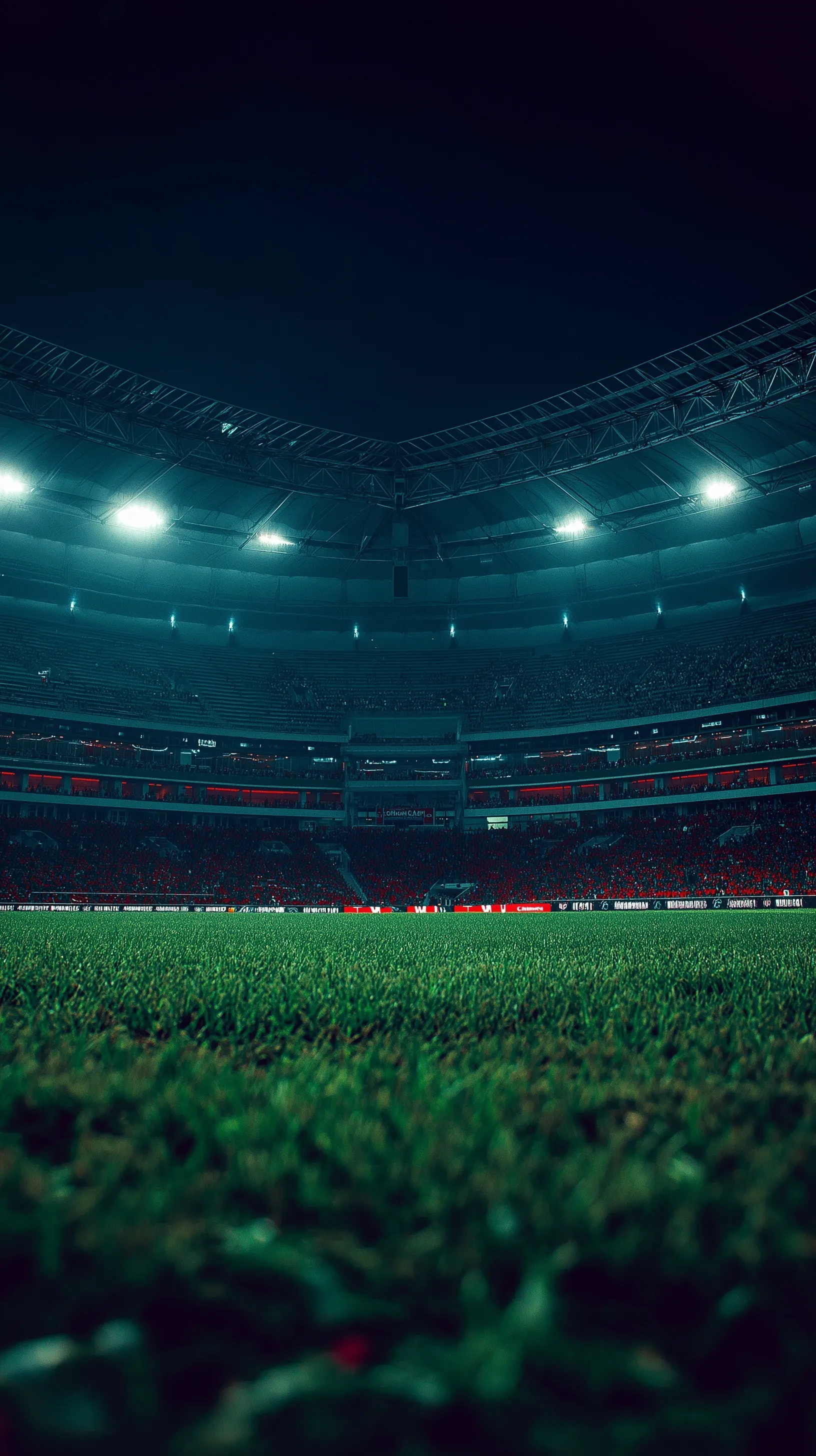 Empty stadium background with Nigerian fans, dramatic red and green lighting, and vivid green grass.