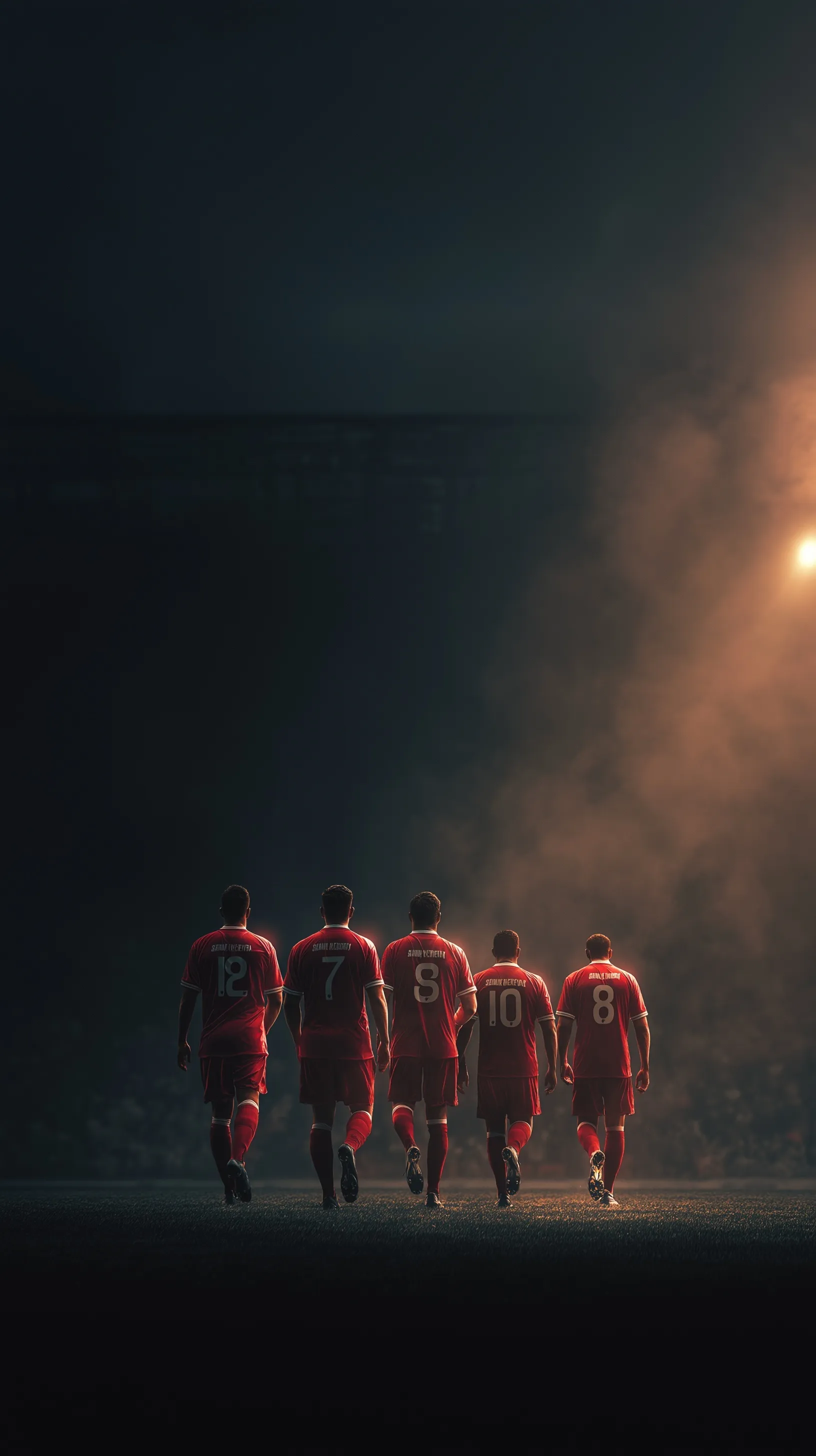 Six national football team captains in jerseys walking into a stadium, cinematic back view, 8k resolution.