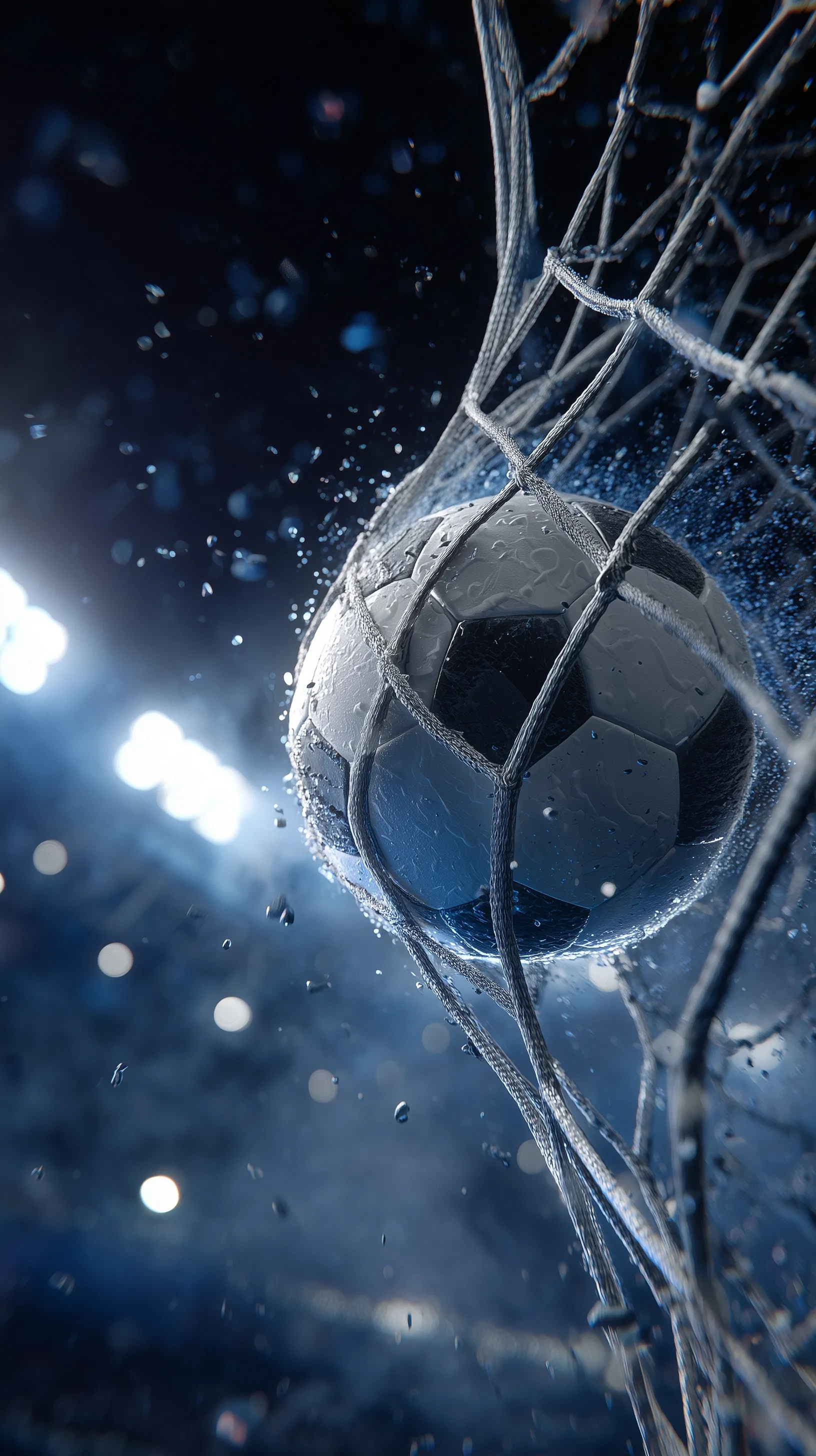 Cinematic close-up of a football hitting the goal net at night with explosive motion and dramatic stadium lighting.