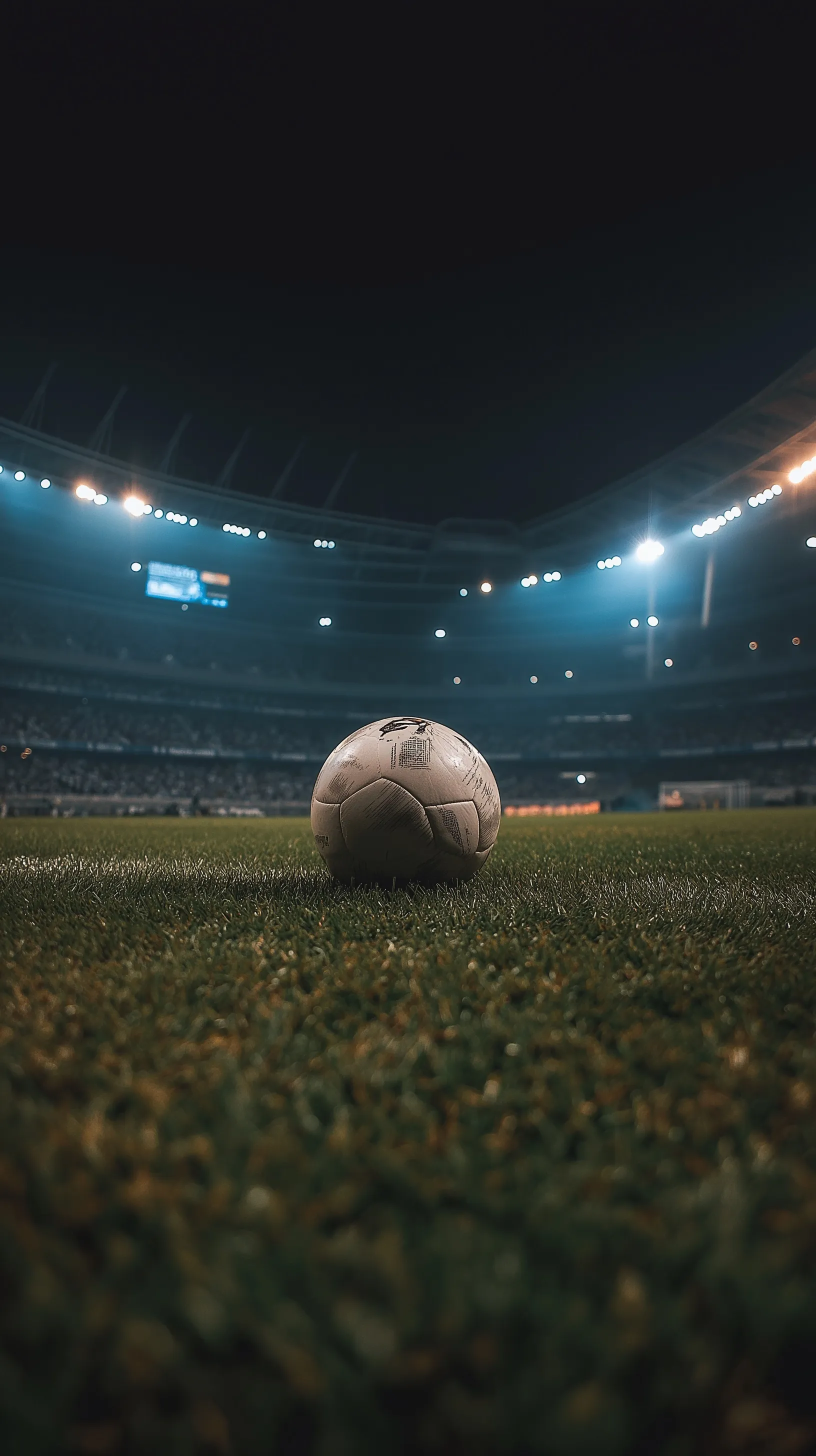 A professional soccer ball on a grass field at night under stadium floodlights, low-angle ground perspective.