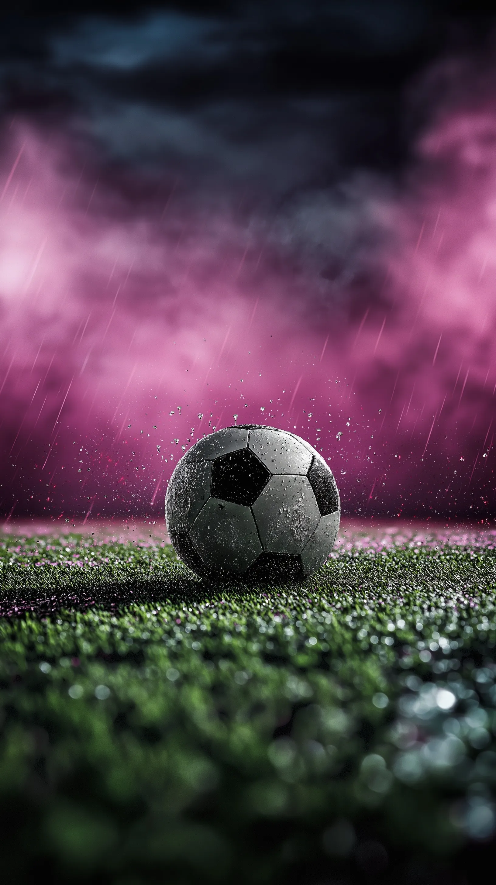 A soccer ball on a wet, misty stadium field at night with cinematic purple lighting and dramatic fog.