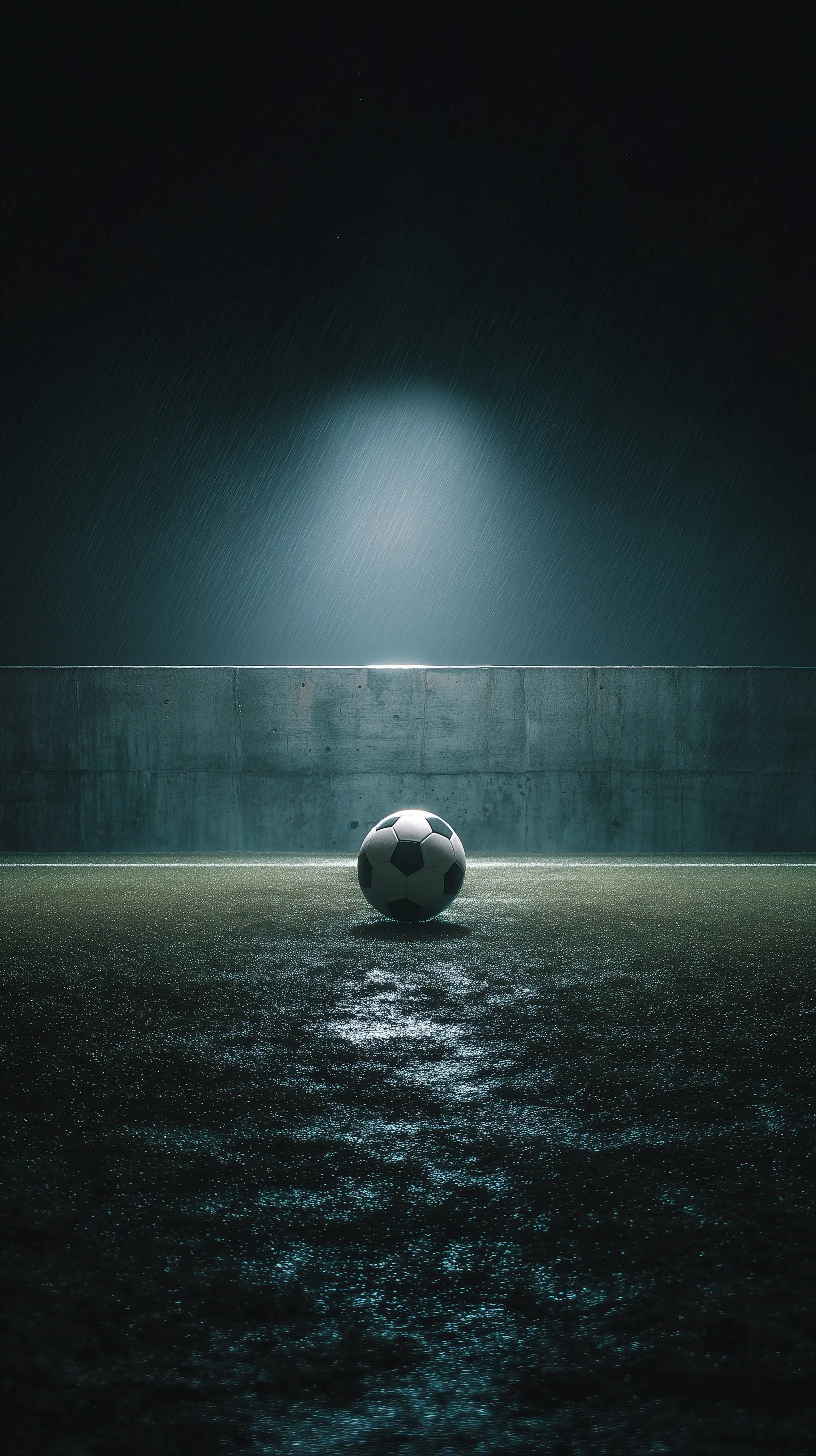 A cinematic soccer ball in motion flying towards a towering concrete stadium wall under dramatic night floodlights.