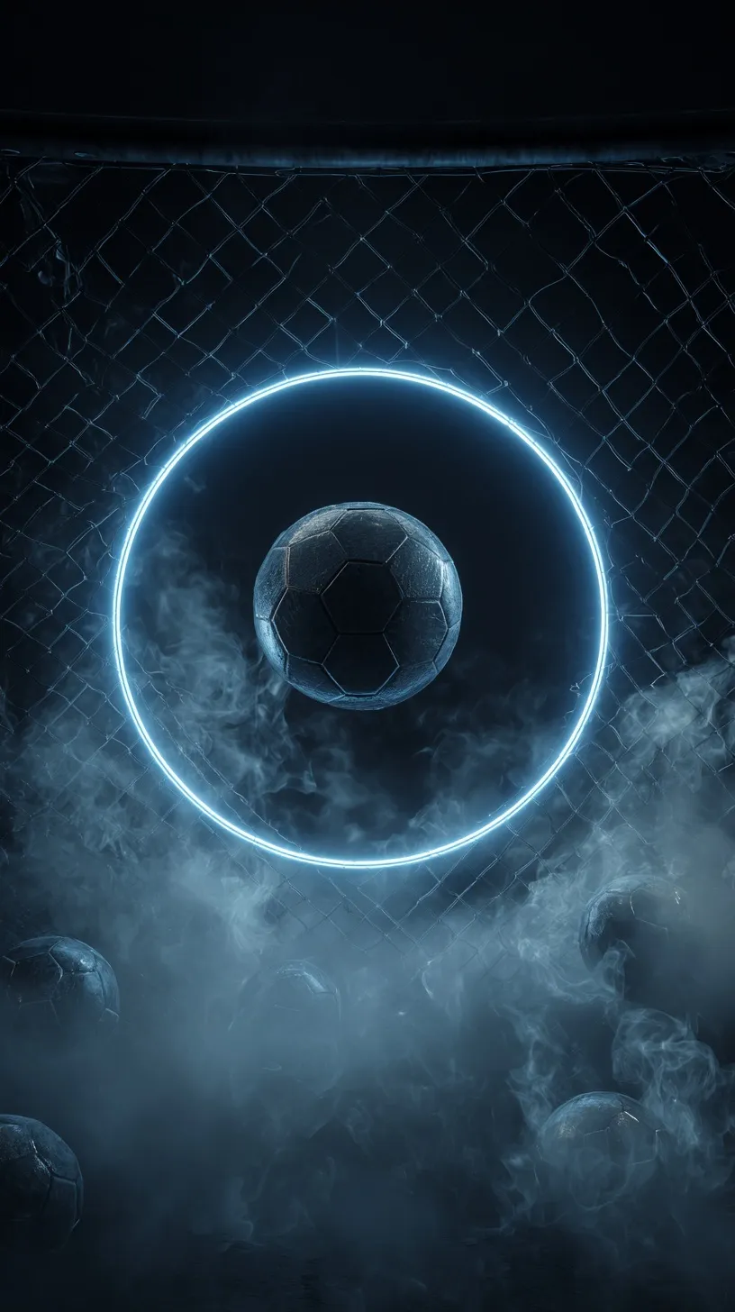 Aesthetic football wallpaper with a glowing blue ring, soccer ball, and metallic smoke effect on black background.