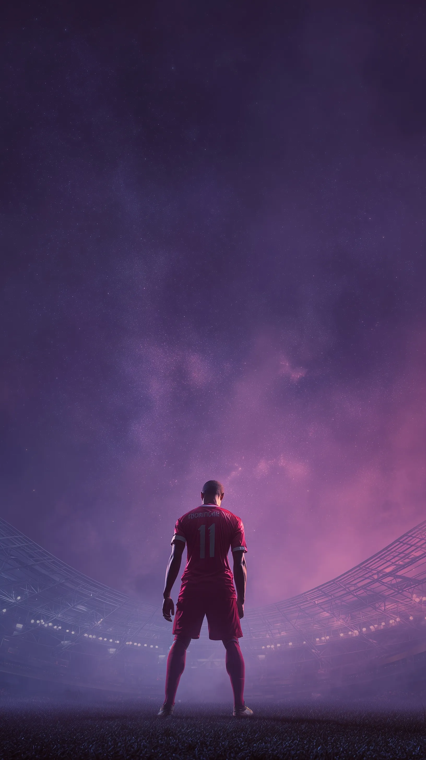 Double exposure of an African soccer player in a red jersey against a dark sky and illuminated stadium.