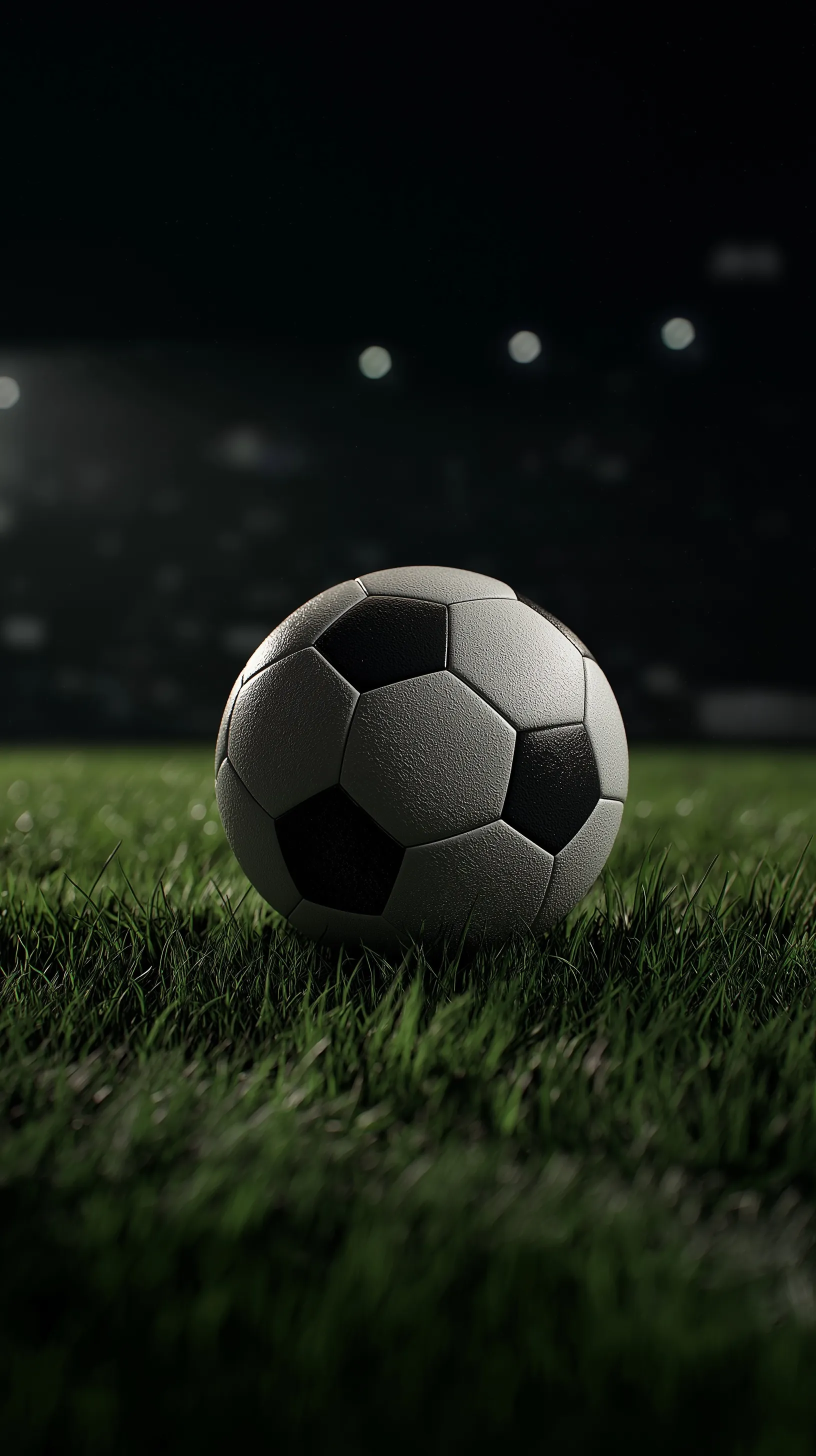 A cinematic close-up of a black and white soccer ball on a lush green pitch under dramatic moonlight-style lighting.