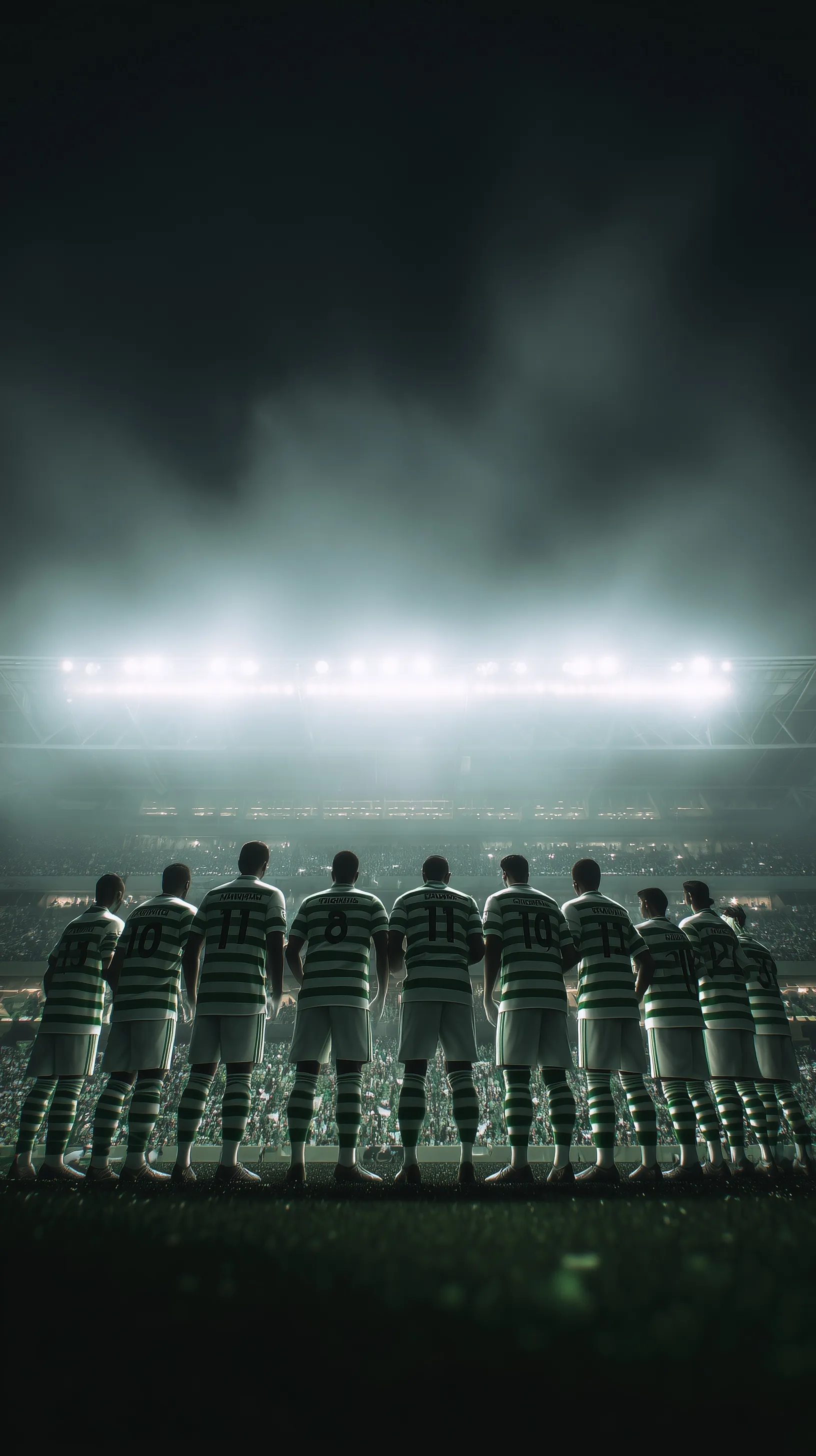 Football players in green and white striped jerseys standing on a professional stadium field at night.