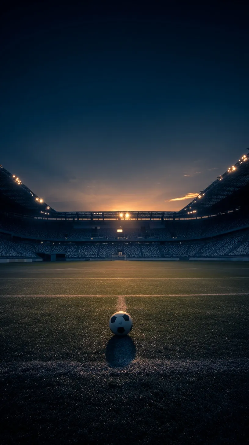 A lonely football sits on the center pitch of an empty, majestic stadium under a moody blue and amber dusk sky.
