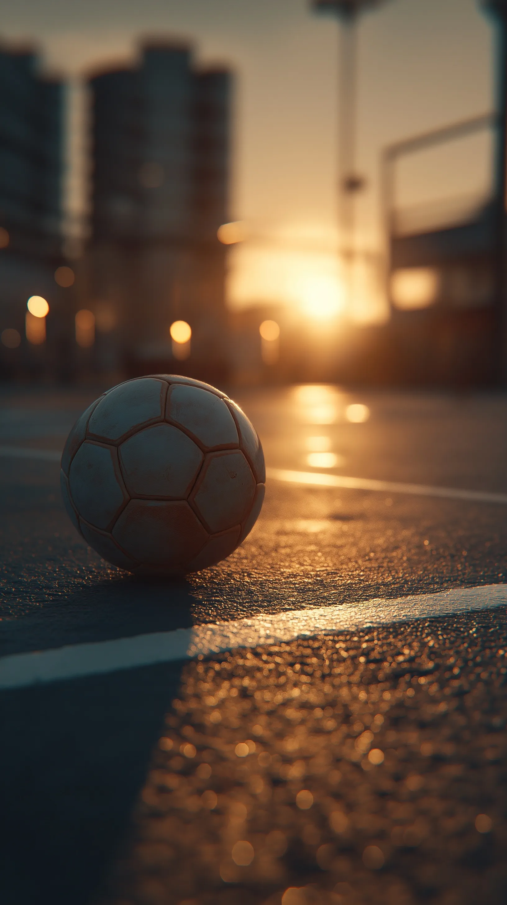 A cinematic close-up of a mini soccer ball rolling across an urban court at golden sunset with a blurred background.