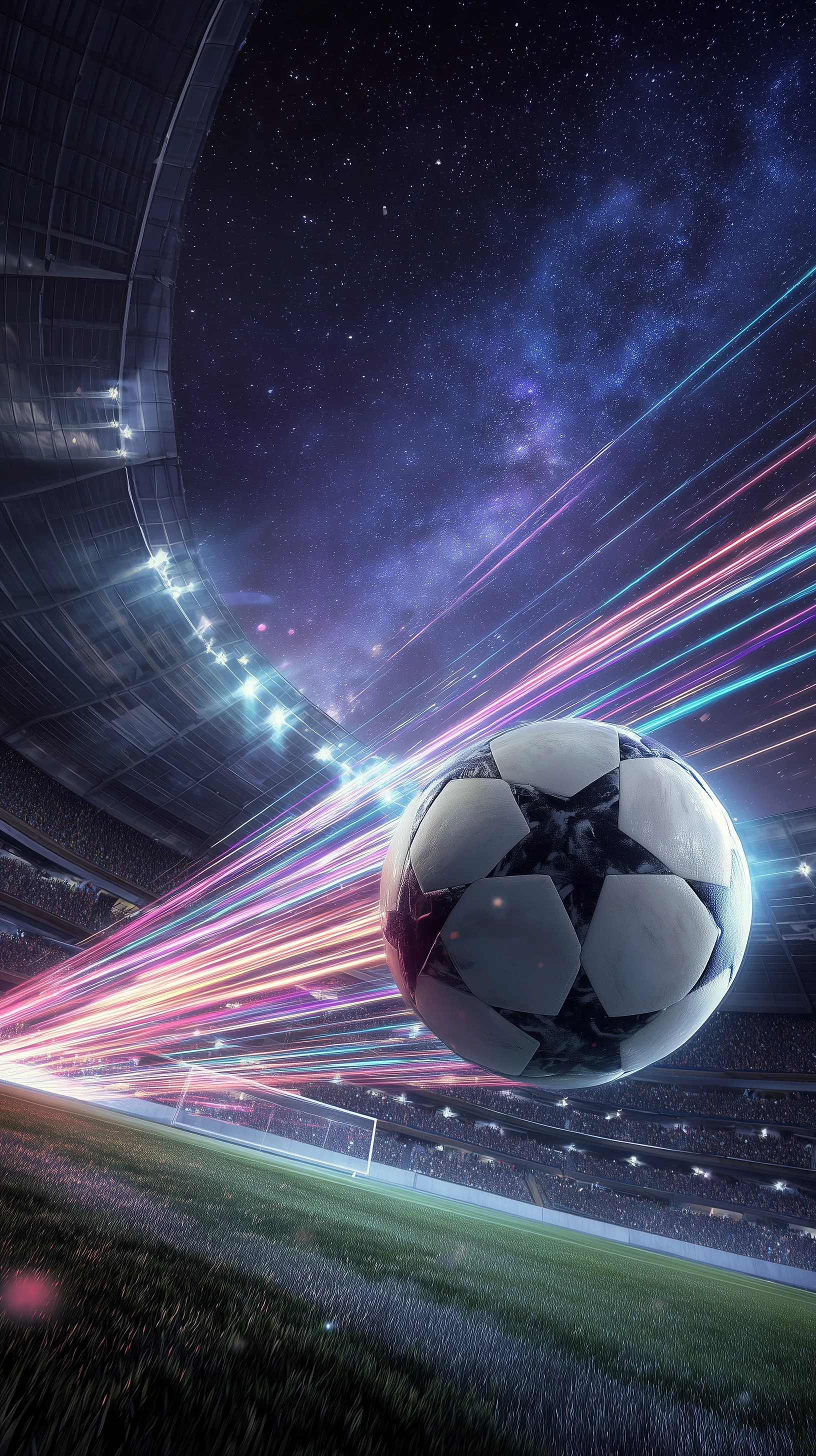 Aesthetic UEFA Champions League ball flying with colorful light trails over a cosmic galaxy stadium backdrop.