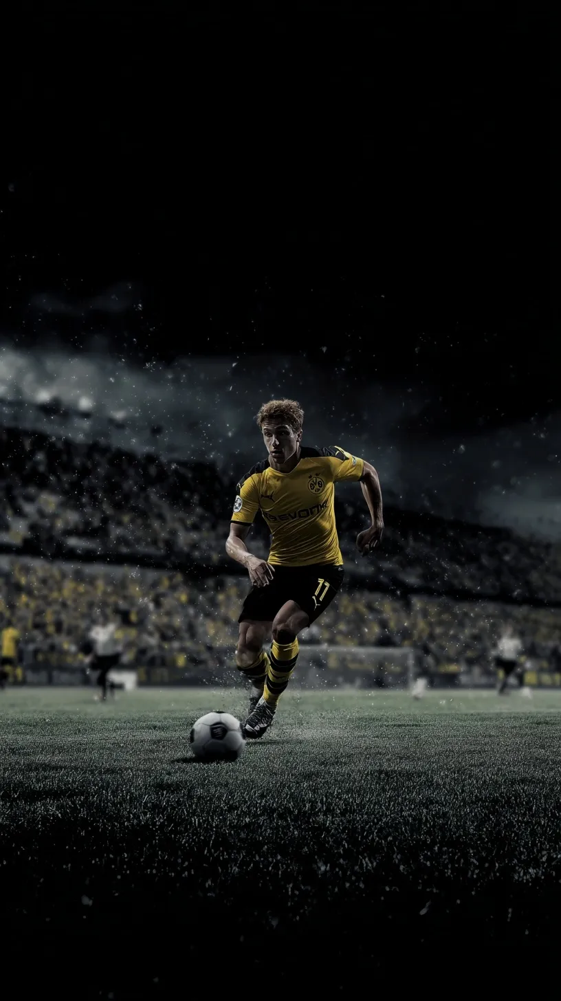 A soccer player in a yellow and black striped kit running with the ball in a dark, atmospheric stadium.