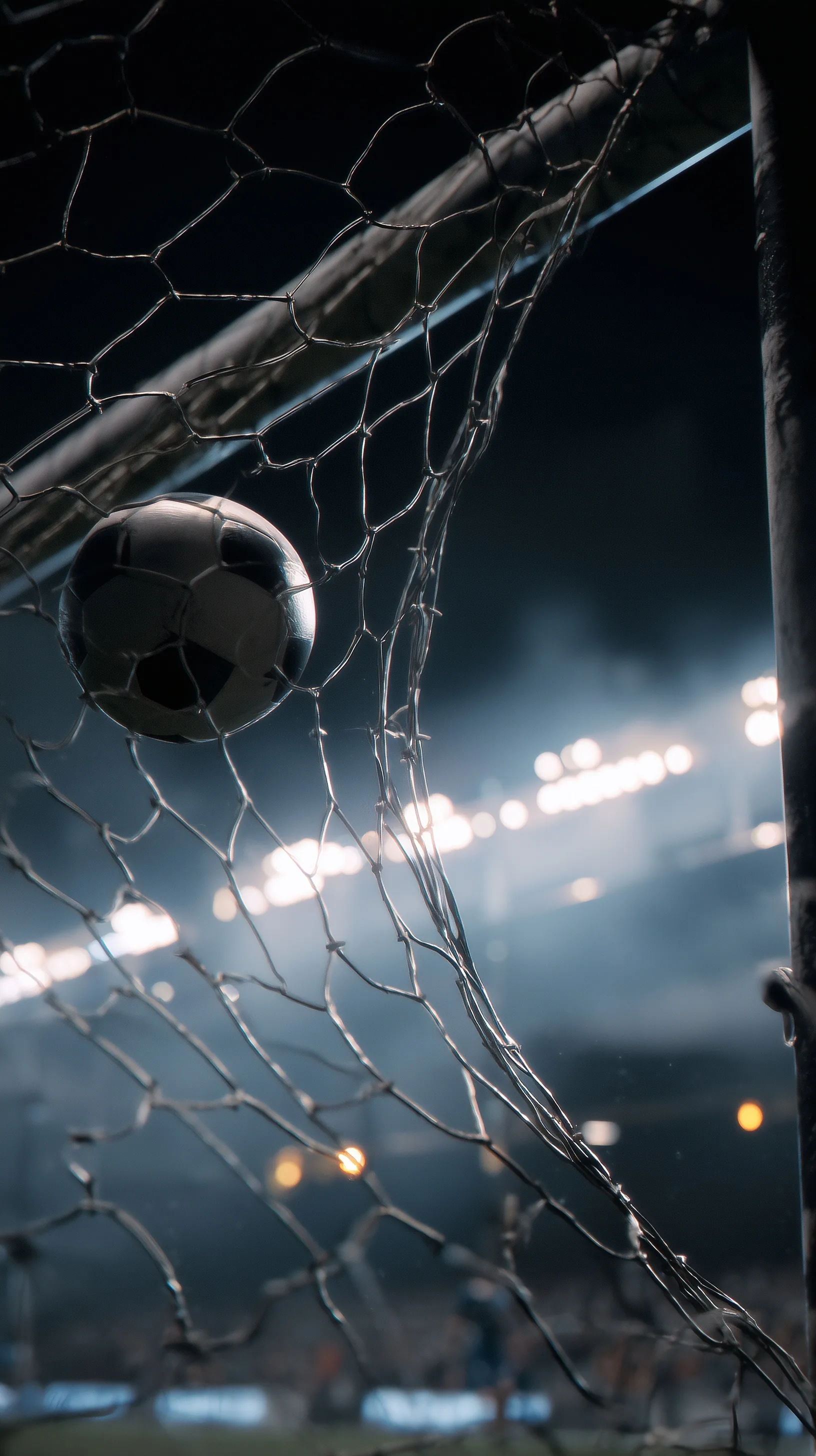 A soccer ball hitting a stadium goal net in focus, with dramatic blurred evening stadium lights in the background.
