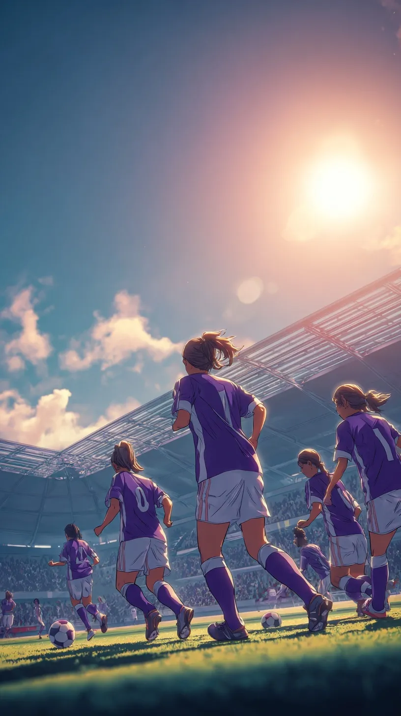 A women's football team in purple and white jerseys playing in a stadium with cinematic anime-style sunlight.