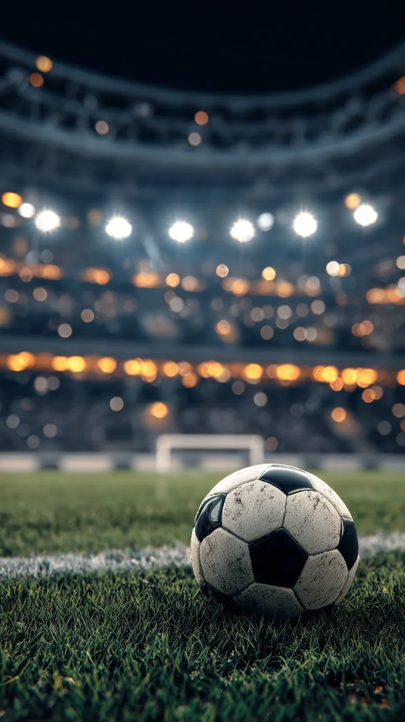 A professional football stadium with stadium lights and a ball on the grass, aesthetic mobile wallpaper.