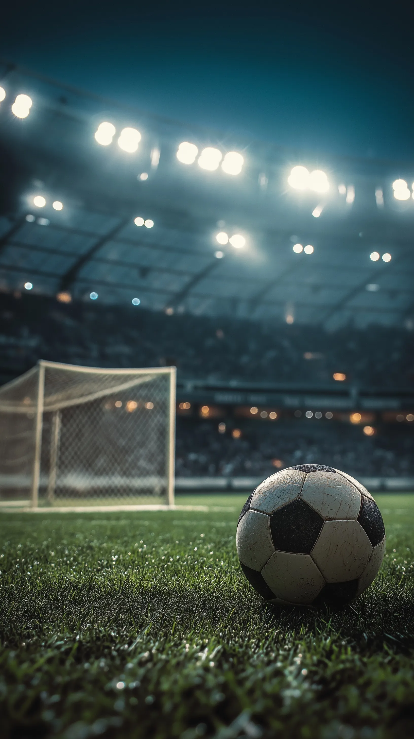 A professional soccer ball resting on stadium grass with bright floodlights and goal net in the background.
