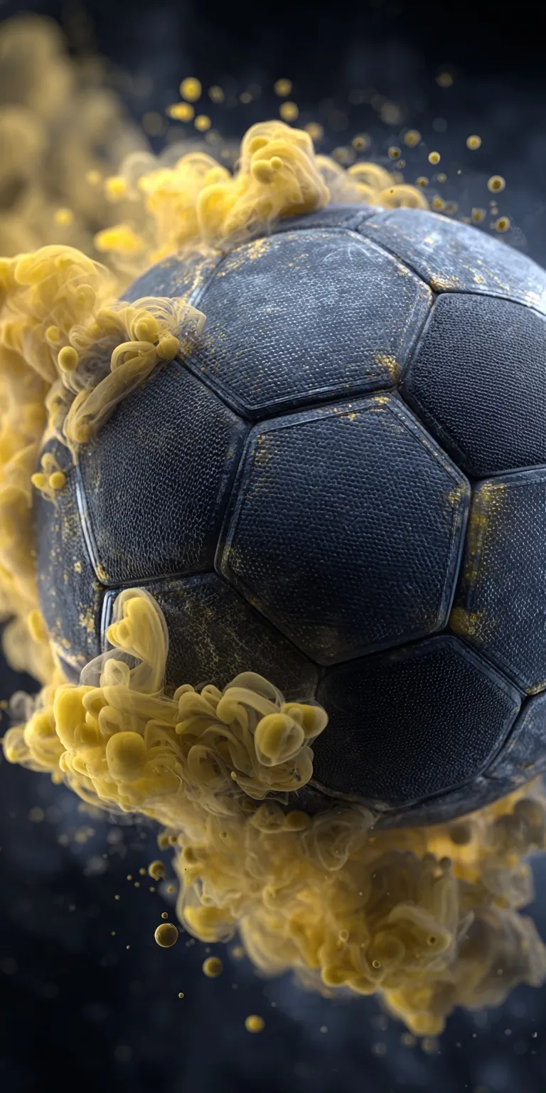 A centered 3D render of a soccer ball featuring high-contrast dark tones and vibrant yellow backlighting.