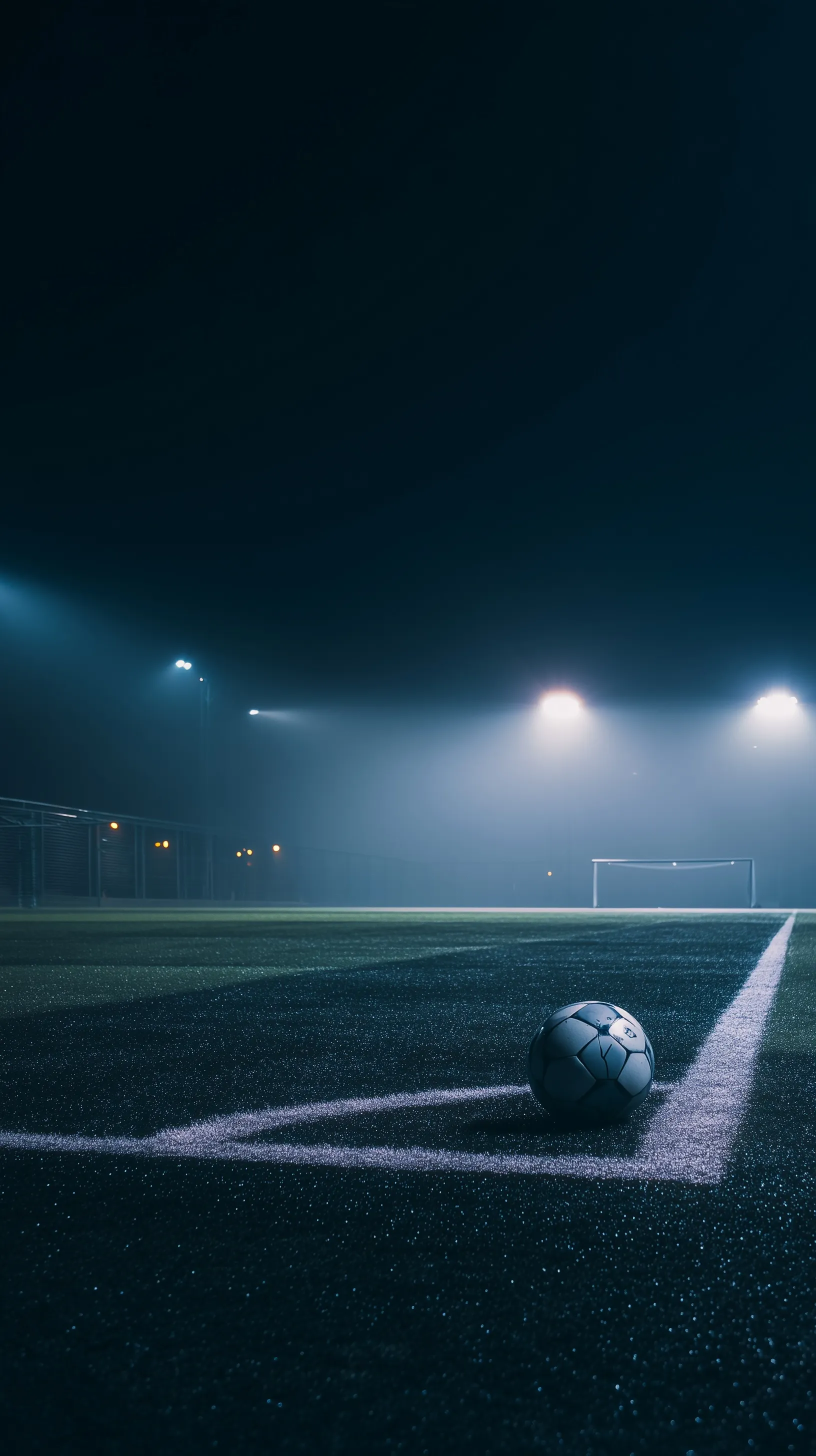 A professional football resting on a corner kick arc under glowing stadium floodlights in a misty night setting.