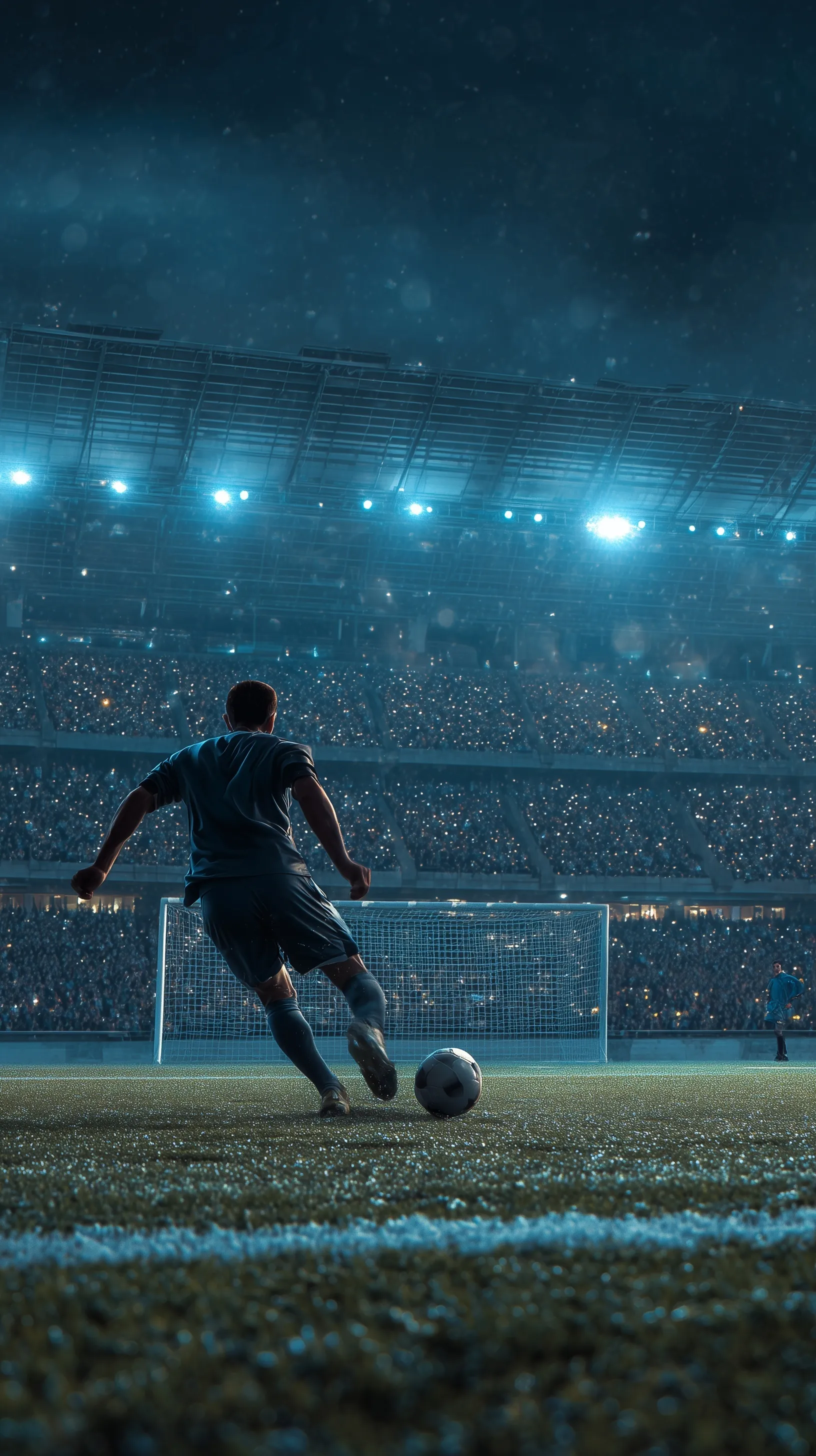 A soccer player kicking a ball toward the goal in a packed stadium at night with dramatic cinematic lighting.