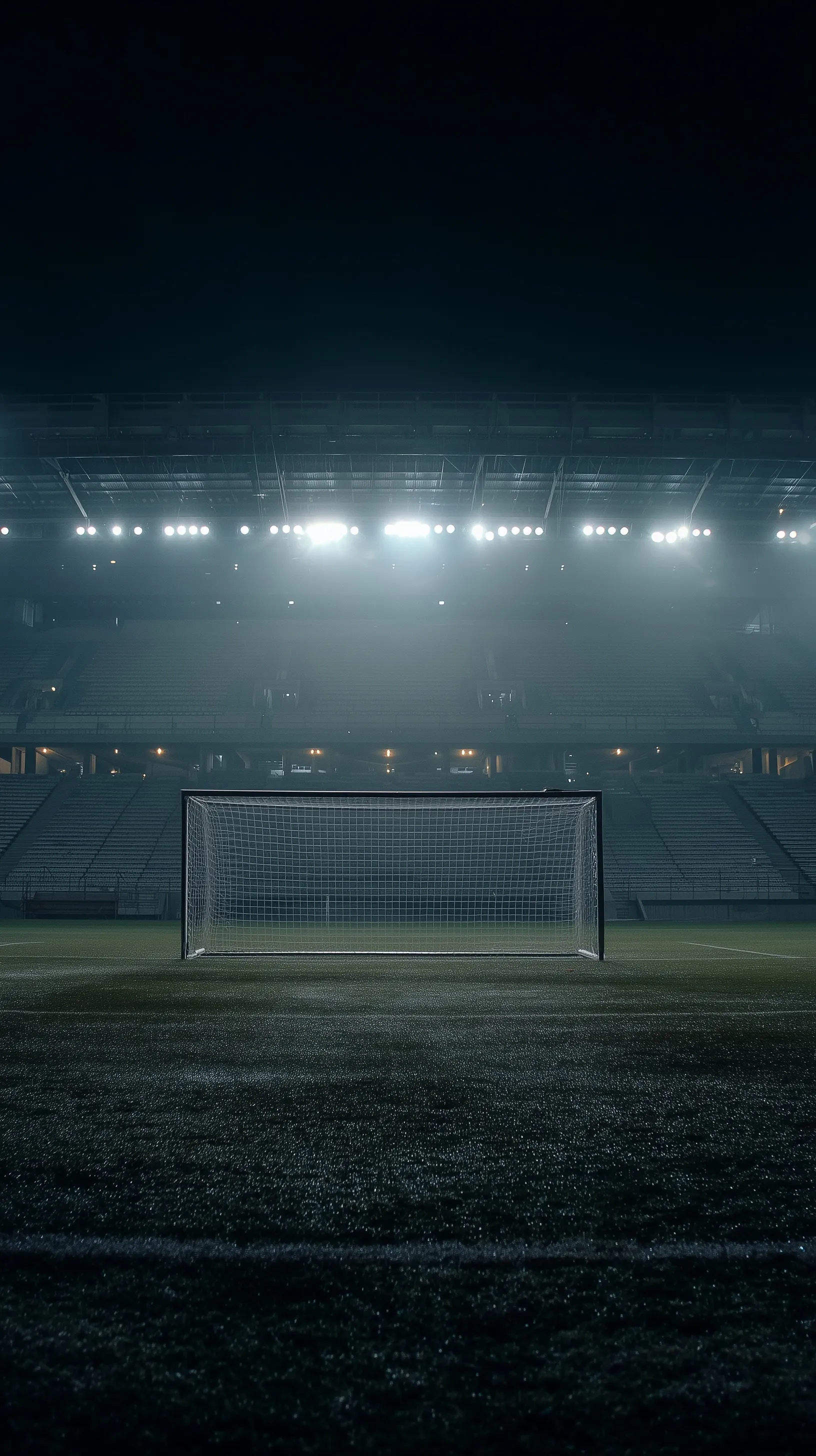 A cinematic view of a soccer goal in an empty stadium at dusk, aesthetic high-definition sports photography.