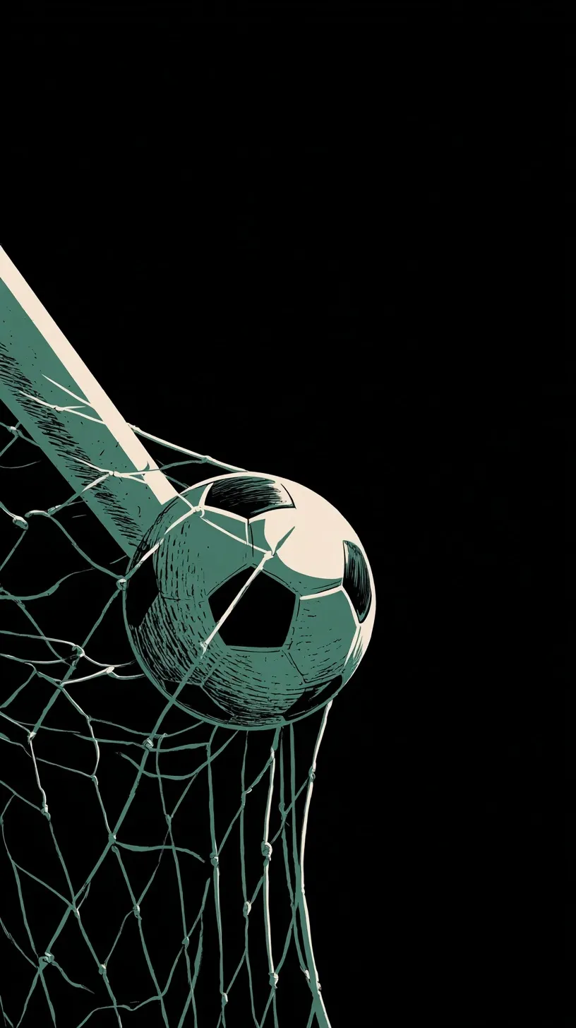 Minimalist football hitting a goal net illustration in black, white, and deep green.