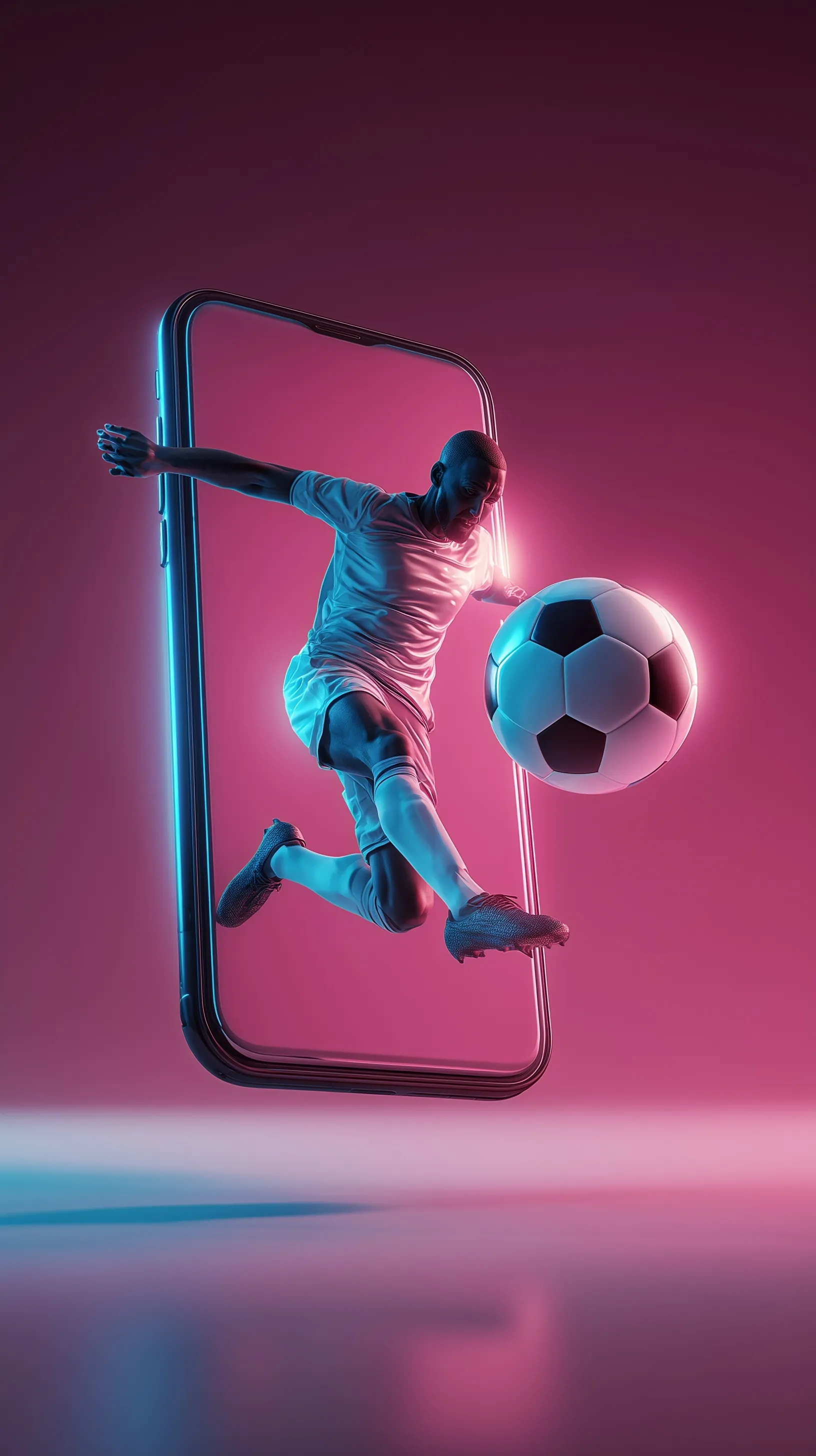 Minimalist smartphone product shot with a 3D soccer player kicking a ball out of the screen in neon studio lighting.