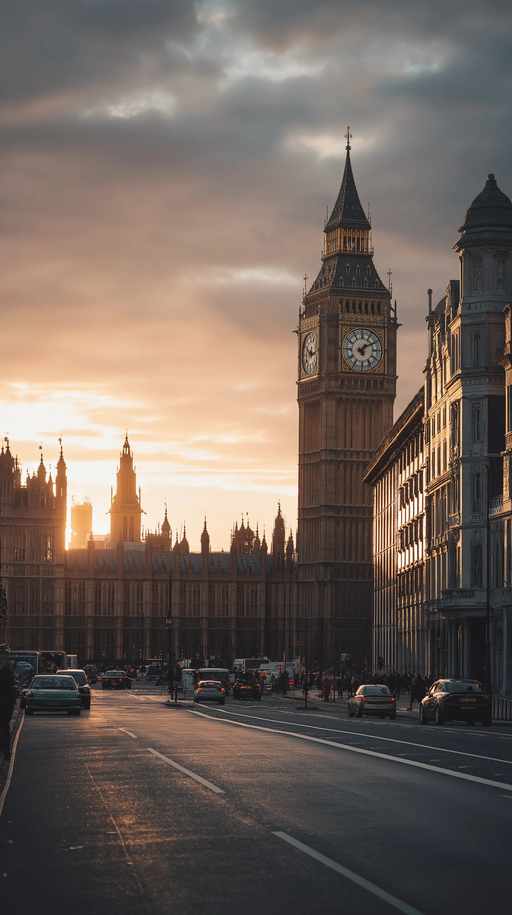 Houses of Parliament and Big Ben at sunrise, golden light hitting London landmark, realistic mobile wallpaper.