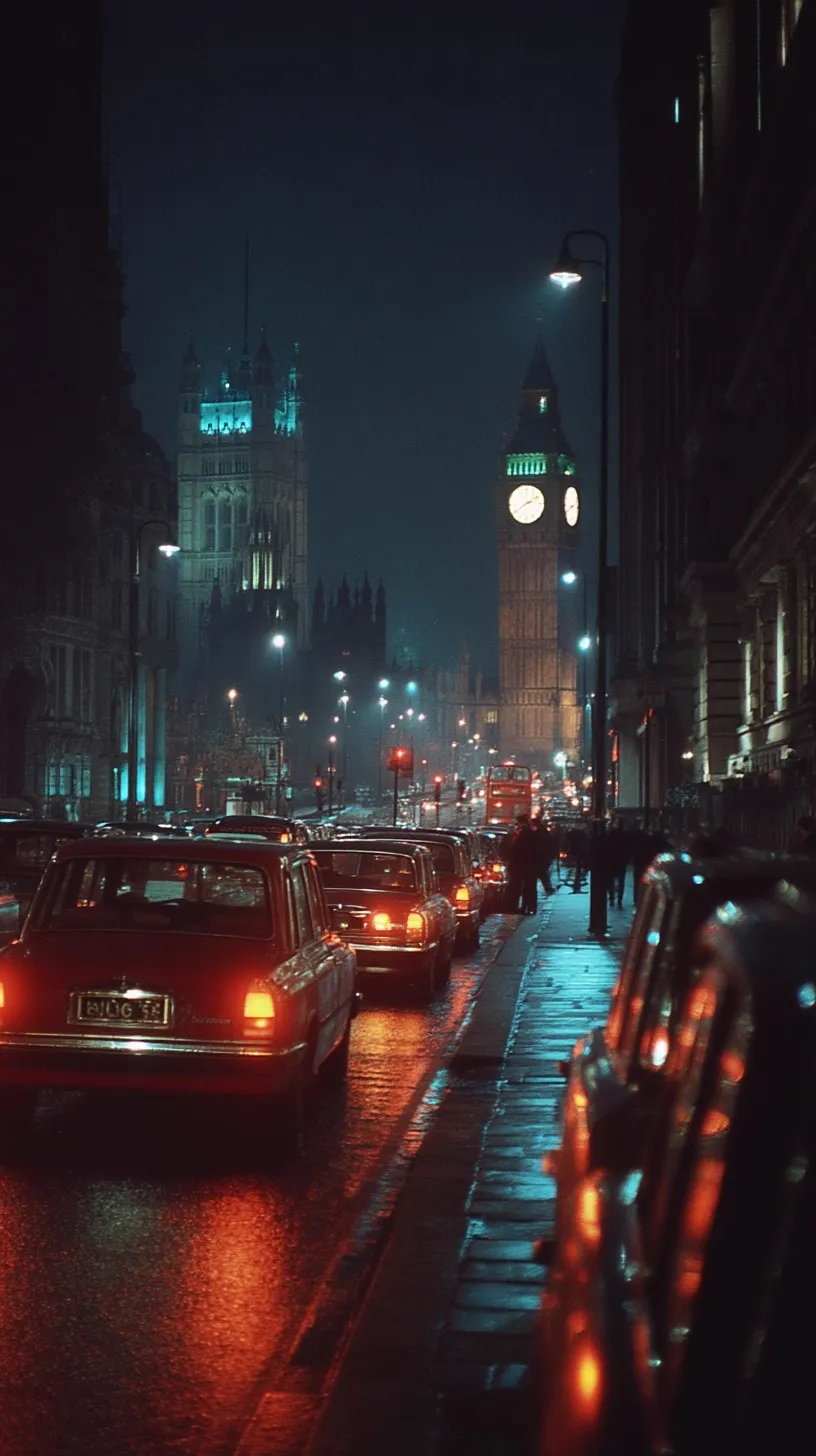 A retro 1980s Kodak film aesthetic shot of London city streets at night with vintage street lighting.