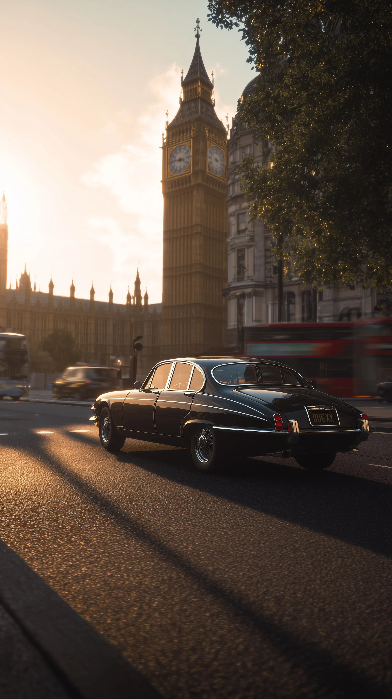 A vintage black Jaguar parked on a London street with Big Ben at golden hour, cinematic lighting and reflections.
