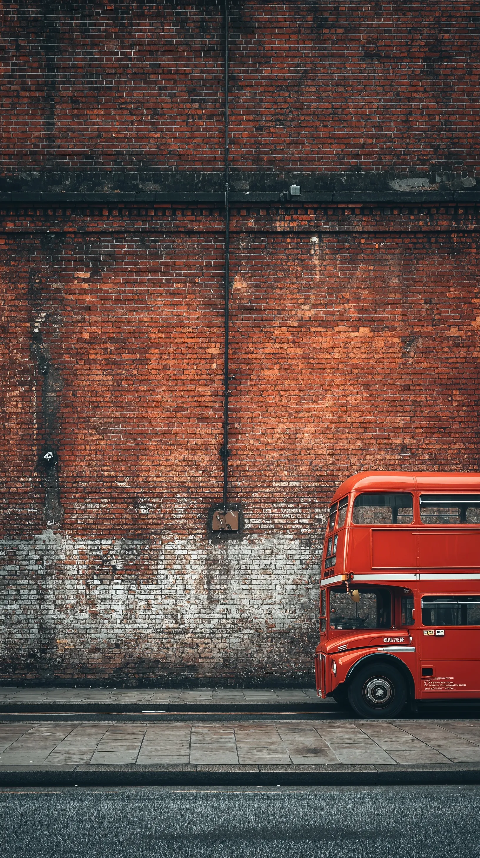 A red double-decker bus passing a rustic brick wall at a London bus station, aesthetic mobile wallpaper.