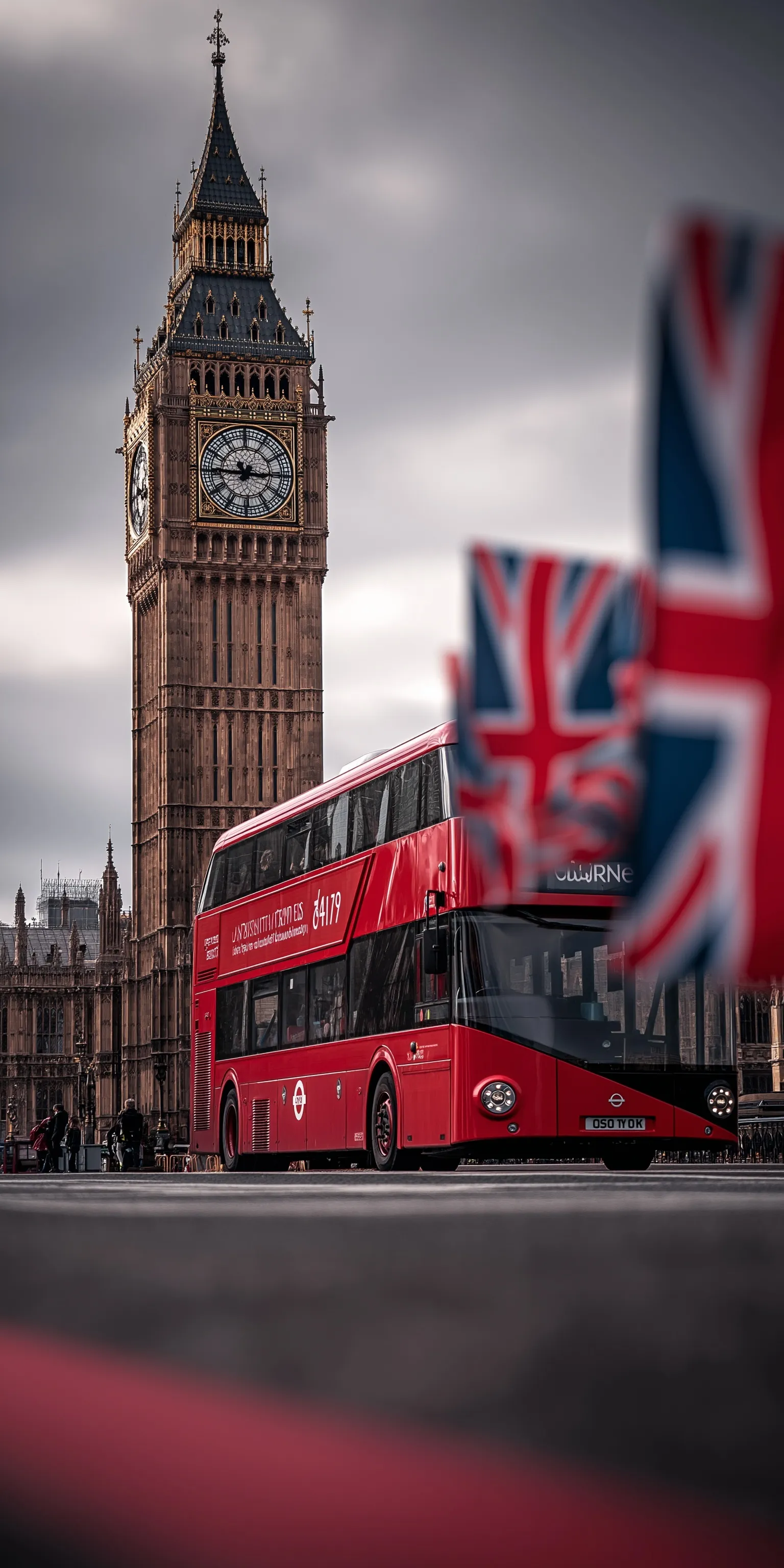 A vibrant digital collage of iconic London landmarks featuring Big Ben, a red bus, and the London Eye for mobile.