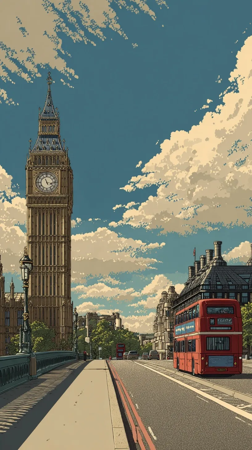 Aesthetic Big Ben wallpaper with a red double-decker bus, retro streetlights, and blue sky over a London road.