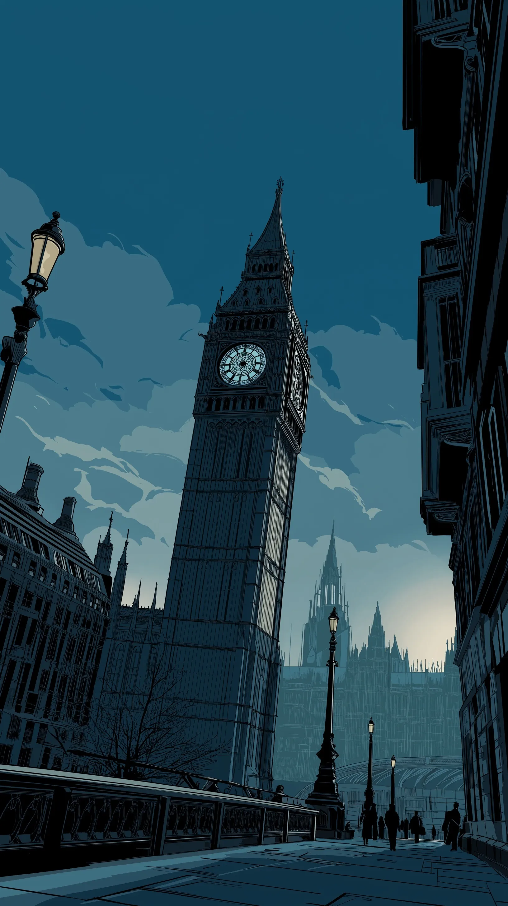 Aesthetic London skyline mobile wallpaper featuring Big Ben in a neo-minimalist, dark digital noir art style.