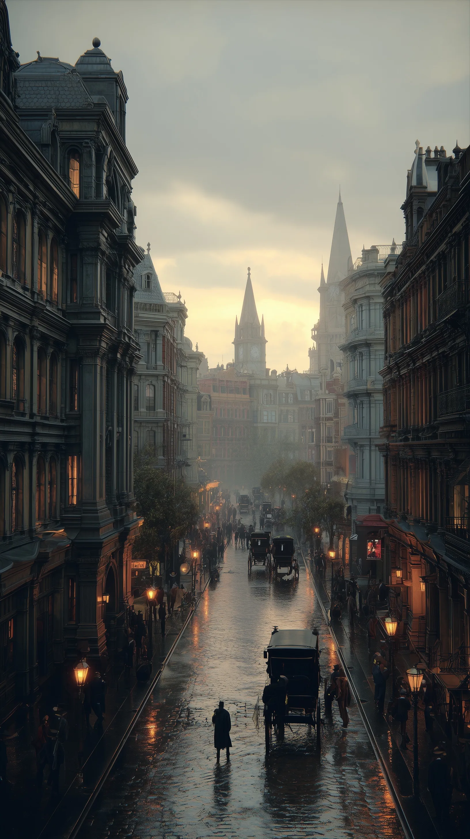 Realistic 1800s London city street photography with cinematic lighting for aesthetic mobile wallpaper.