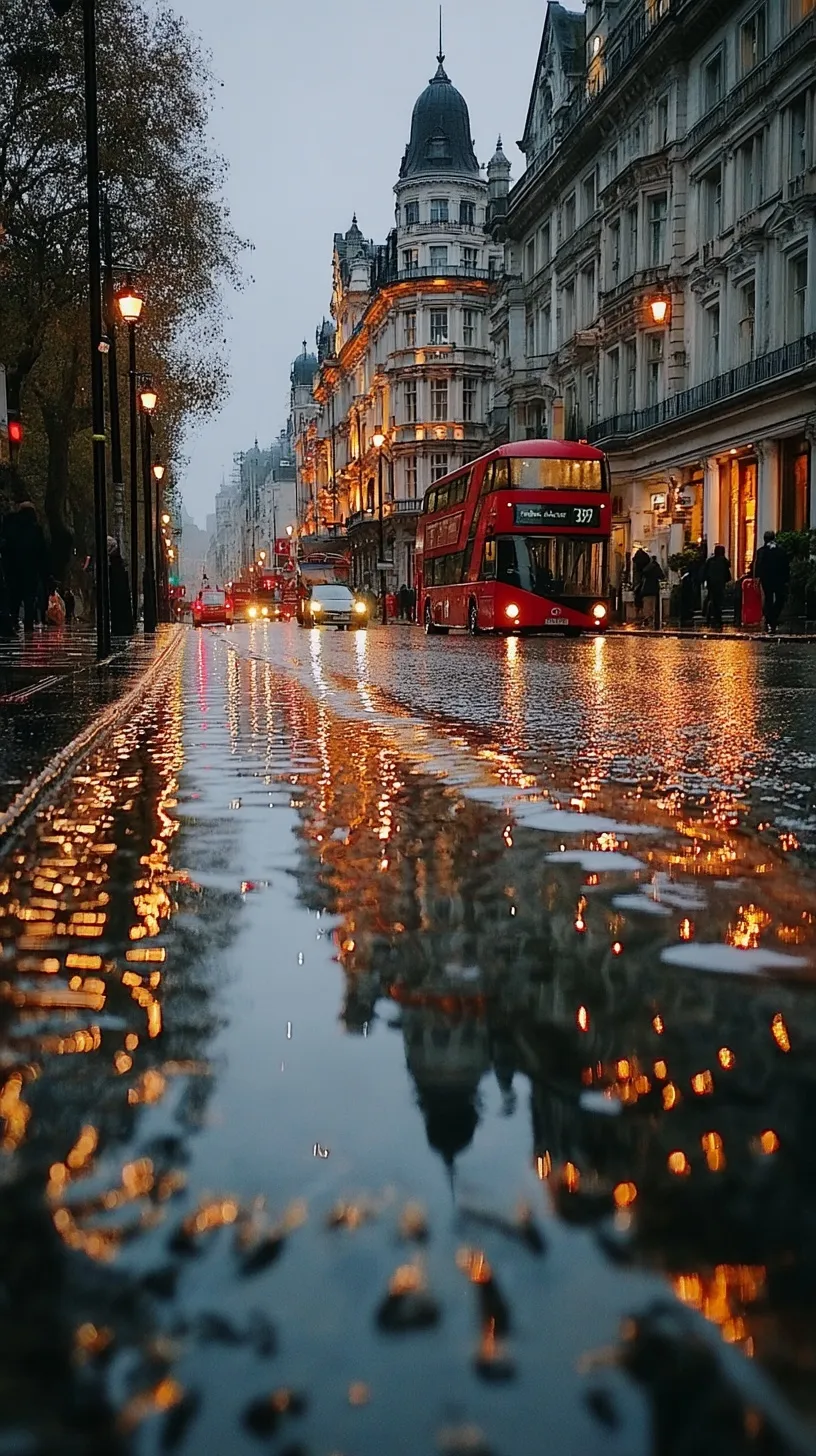A rainy London street at golden hour with a red double-decker bus, wet pavement reflections, and cinematic lighting.