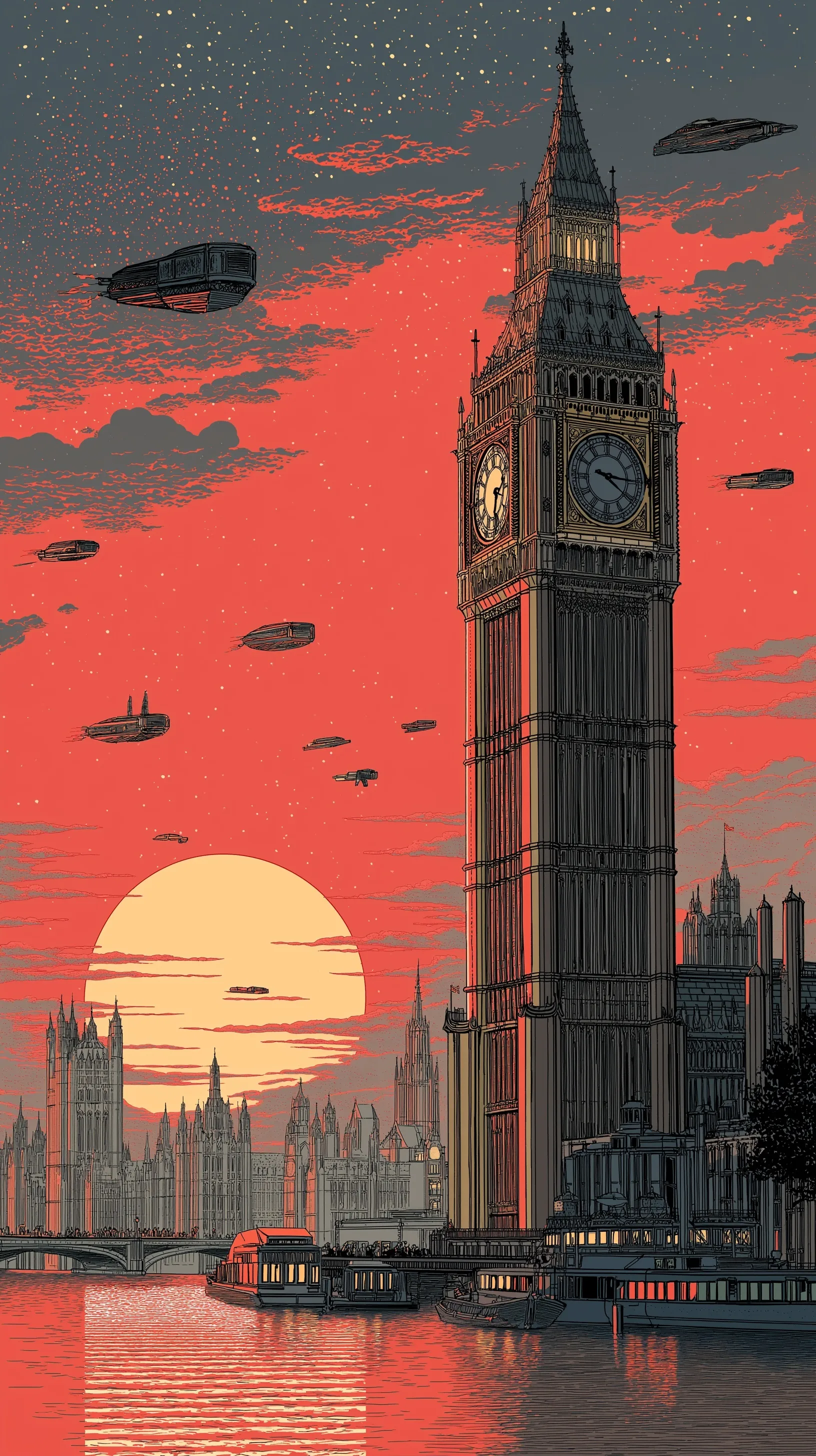 Retro sci-fi illustration of Big Ben with futuristic vehicles and a red sunset over the Thames, Moebius art style.