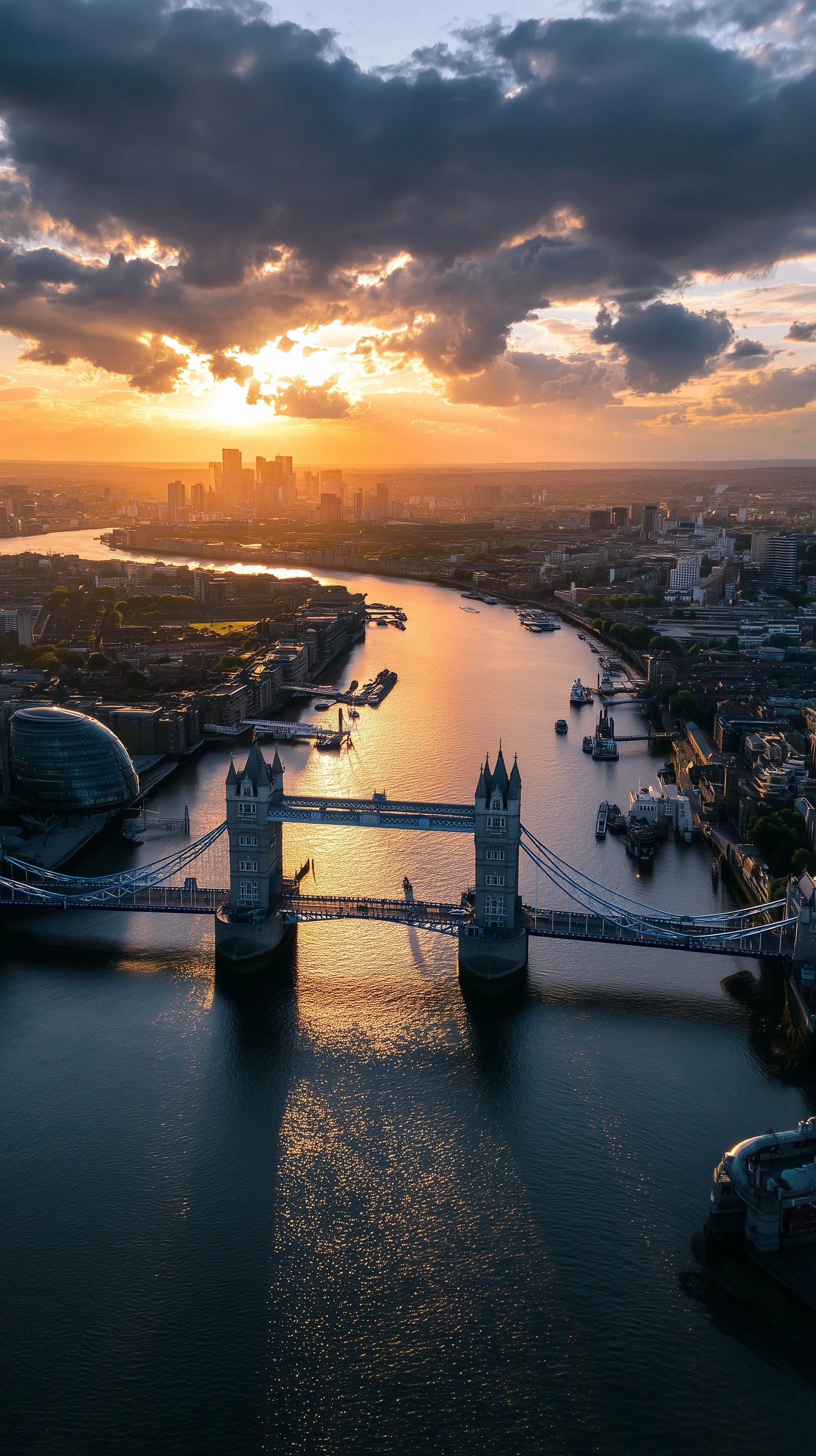 Aerial drone view of London Tower Bridge with open bascules during a golden sunset over the River Thames.