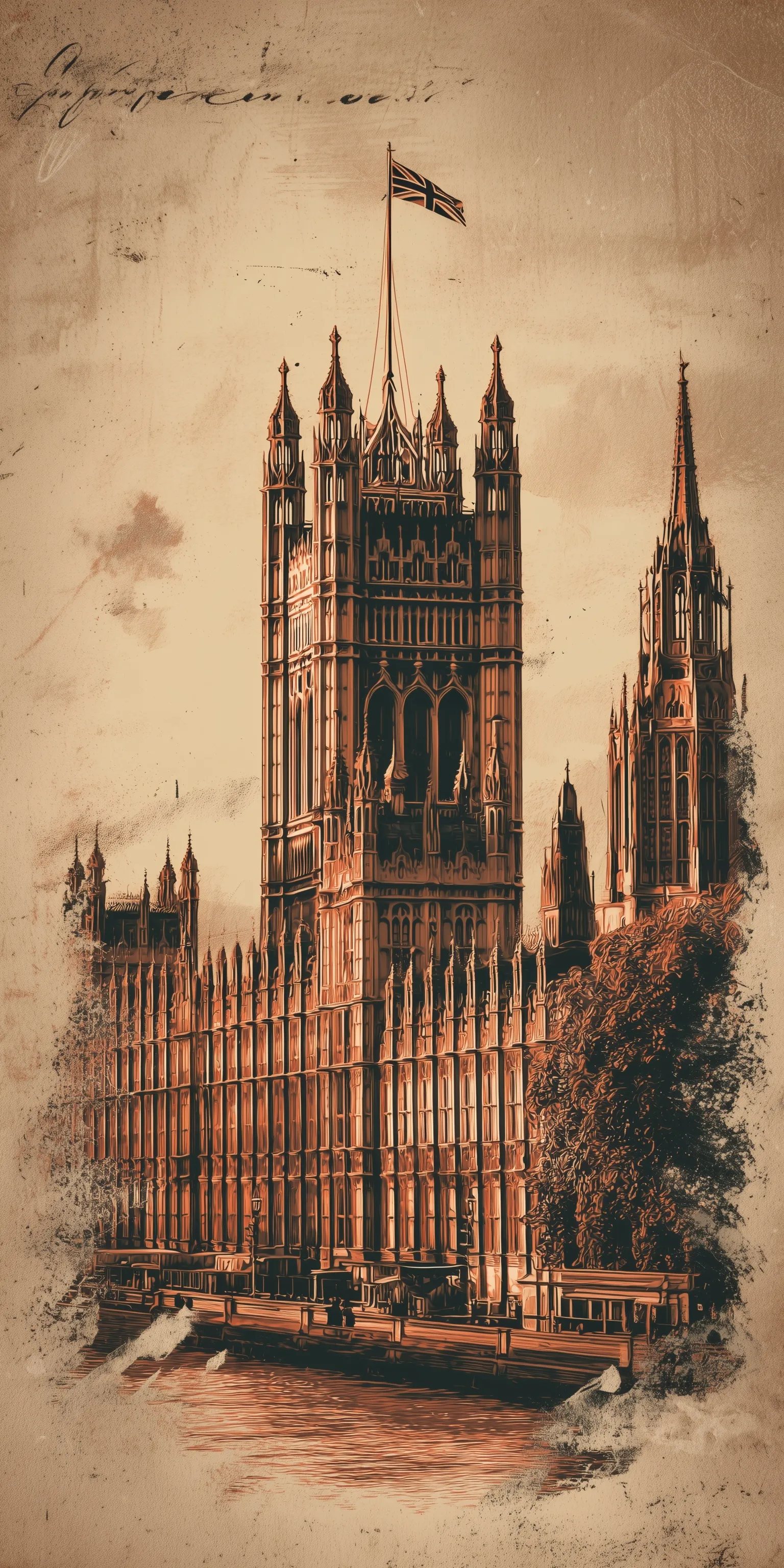 Vintage mid-century poster of the British Parliament in London with a flying flag, styled in warm 1940s aesthetics.