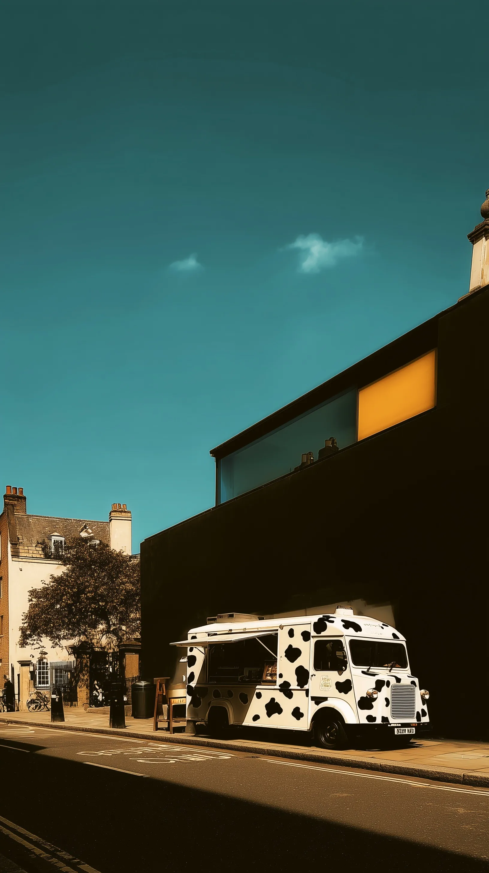 A surreal cow-print ice cream van parked on a minimalist Shoreditch street in London, vertical daylight shot.