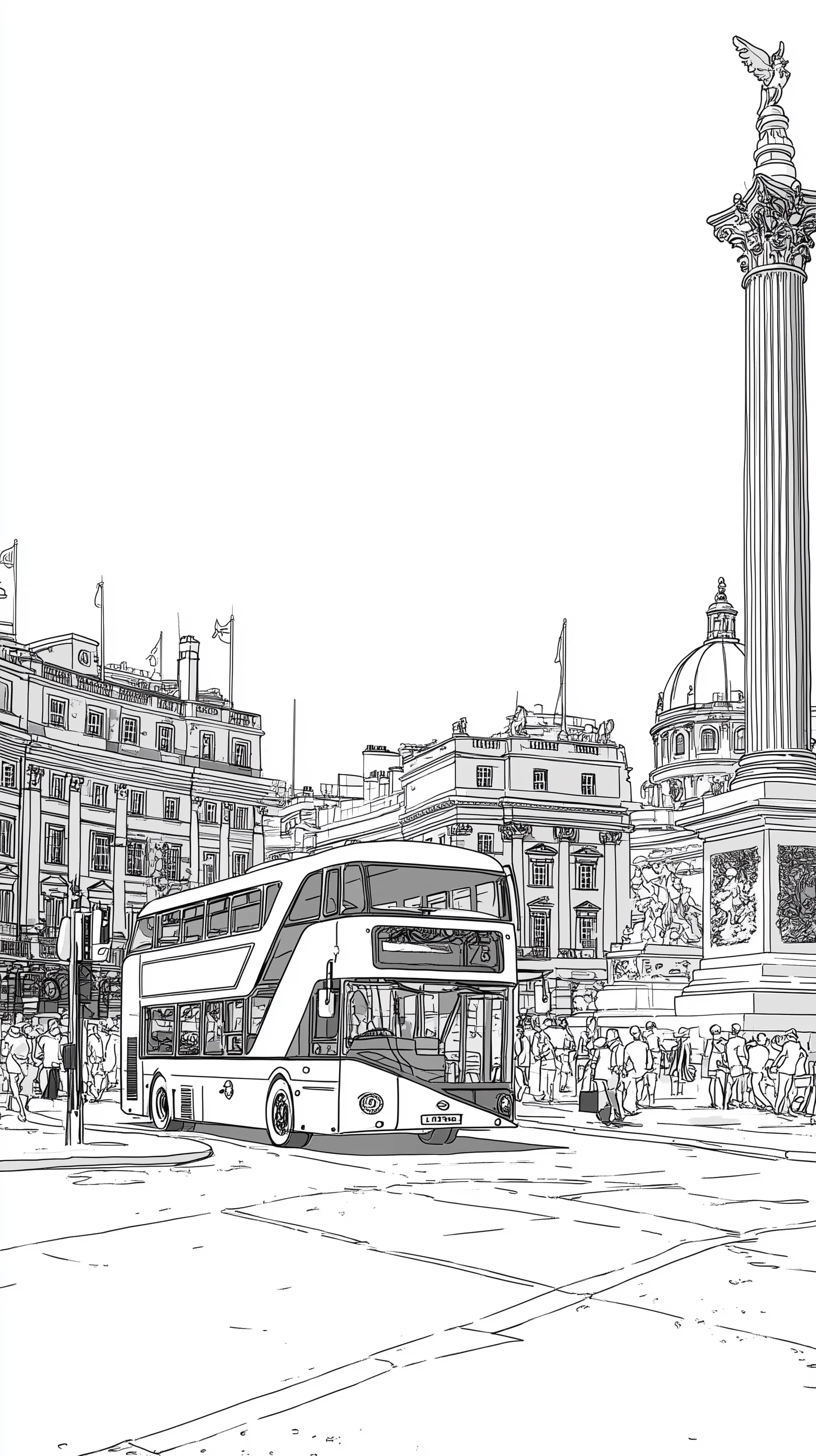 Coloring book page featuring a London Route Master bus driving past Trafalgar Square in a clean line-art style.