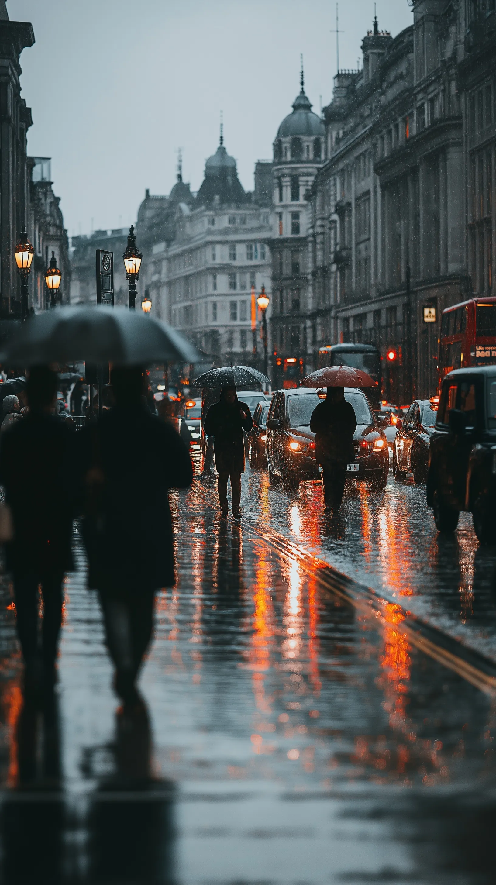 A realistic rainy London street scene with people walking under umbrellas and cars passing by.