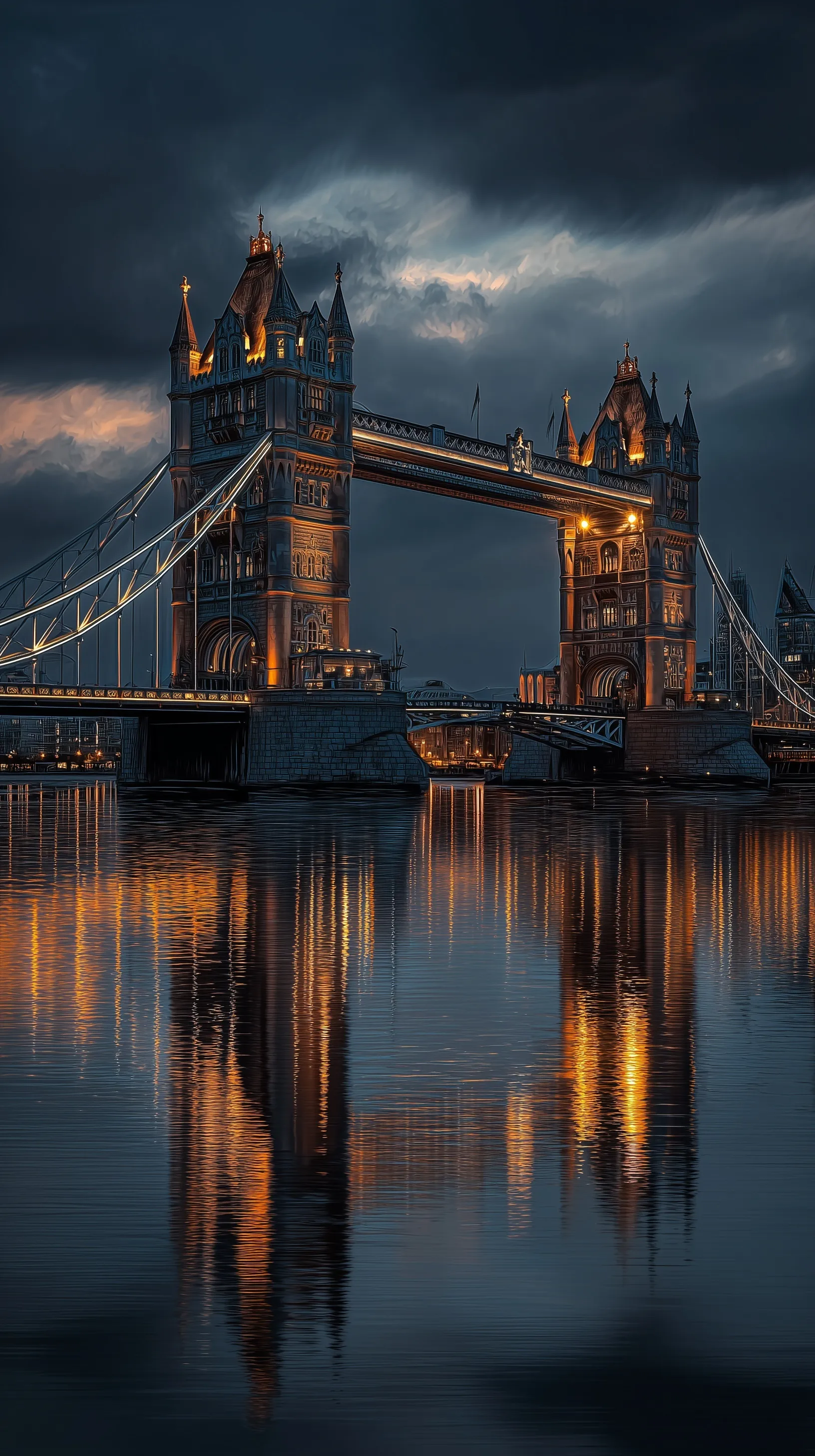 A futuristic fusion of Tower Bridge and Lekki-Ikoyi Link Bridge with glowing lights and cinematic water reflections.