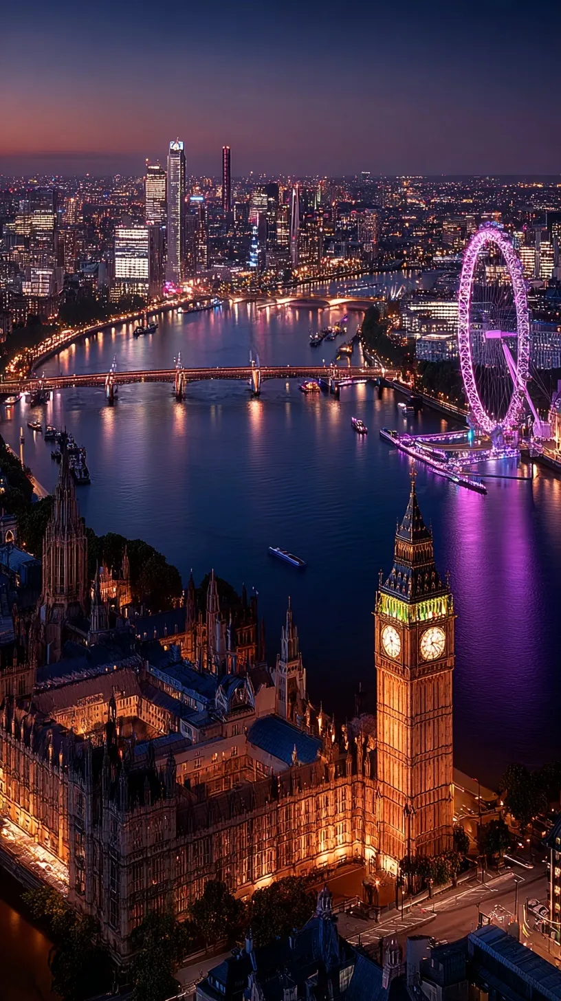 Aerial night view of London skyline featuring glowing Big Ben, London Eye, and vibrant city lights on the Thames.