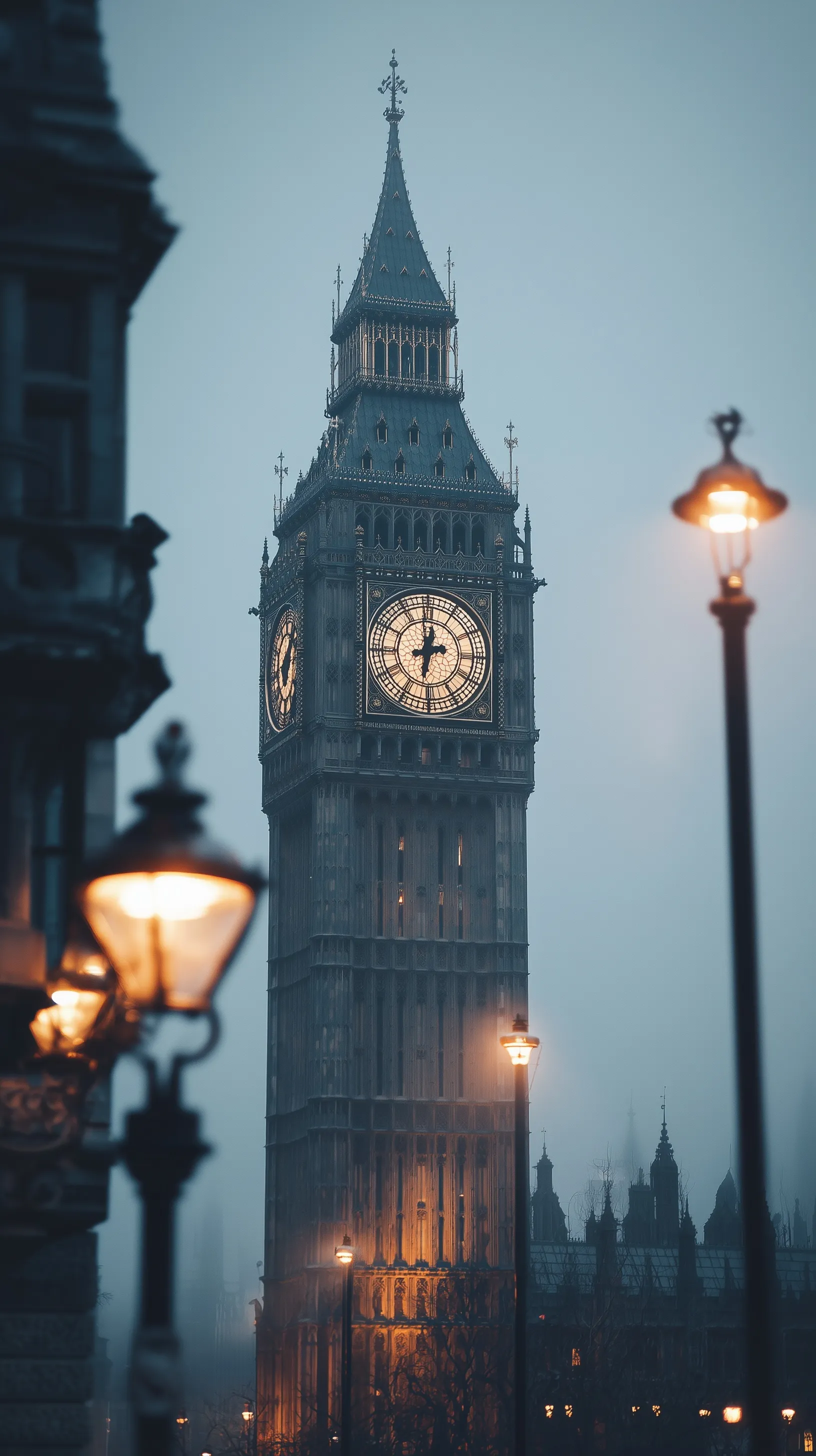Ultra-realistic vertical close-up of Big Ben clock tower in London with gothic architecture and evening fog.
