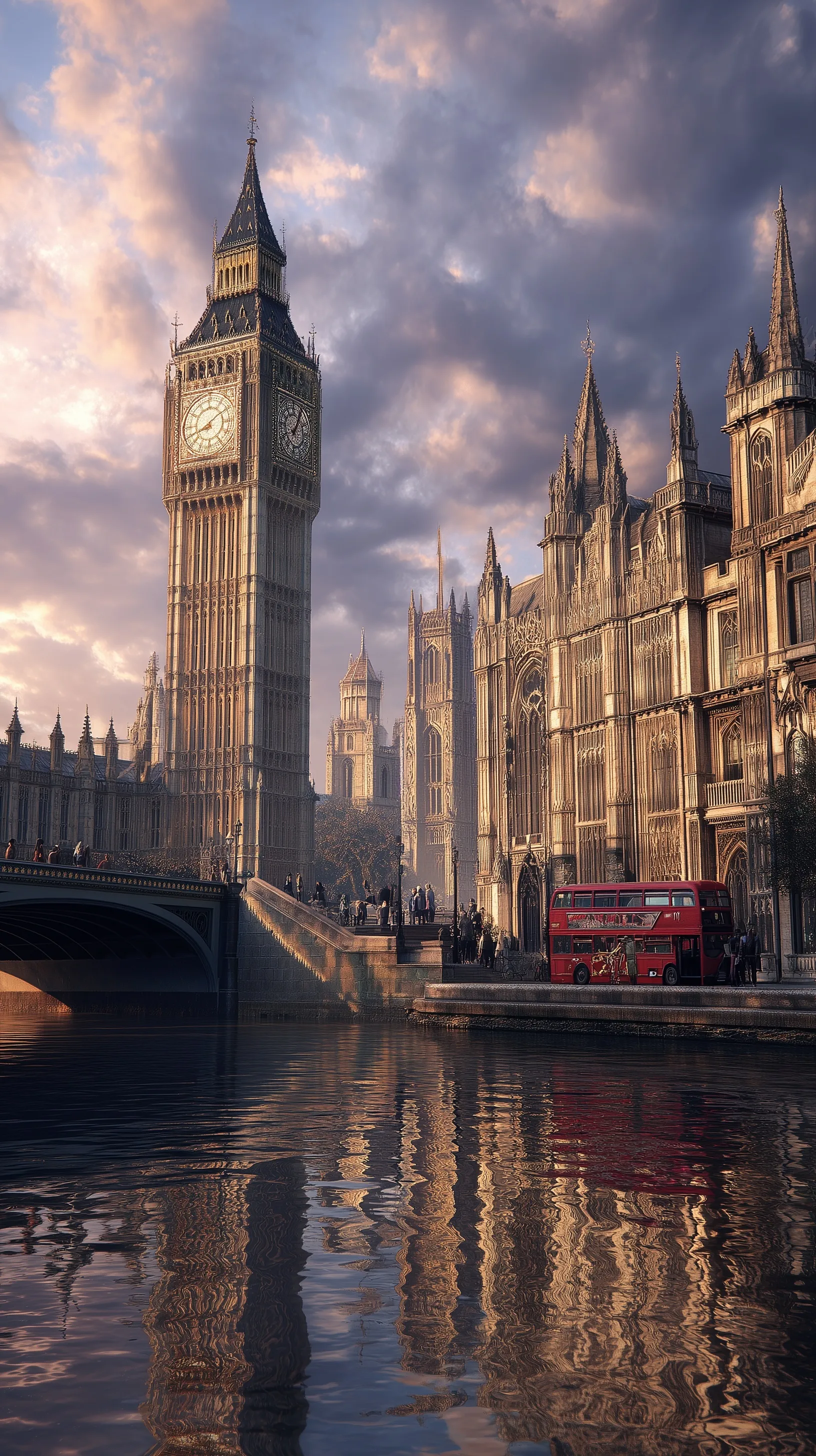 Cinematic London wallpaper featuring Big Ben and Houses of Parliament at sunset with a red double-decker bus.