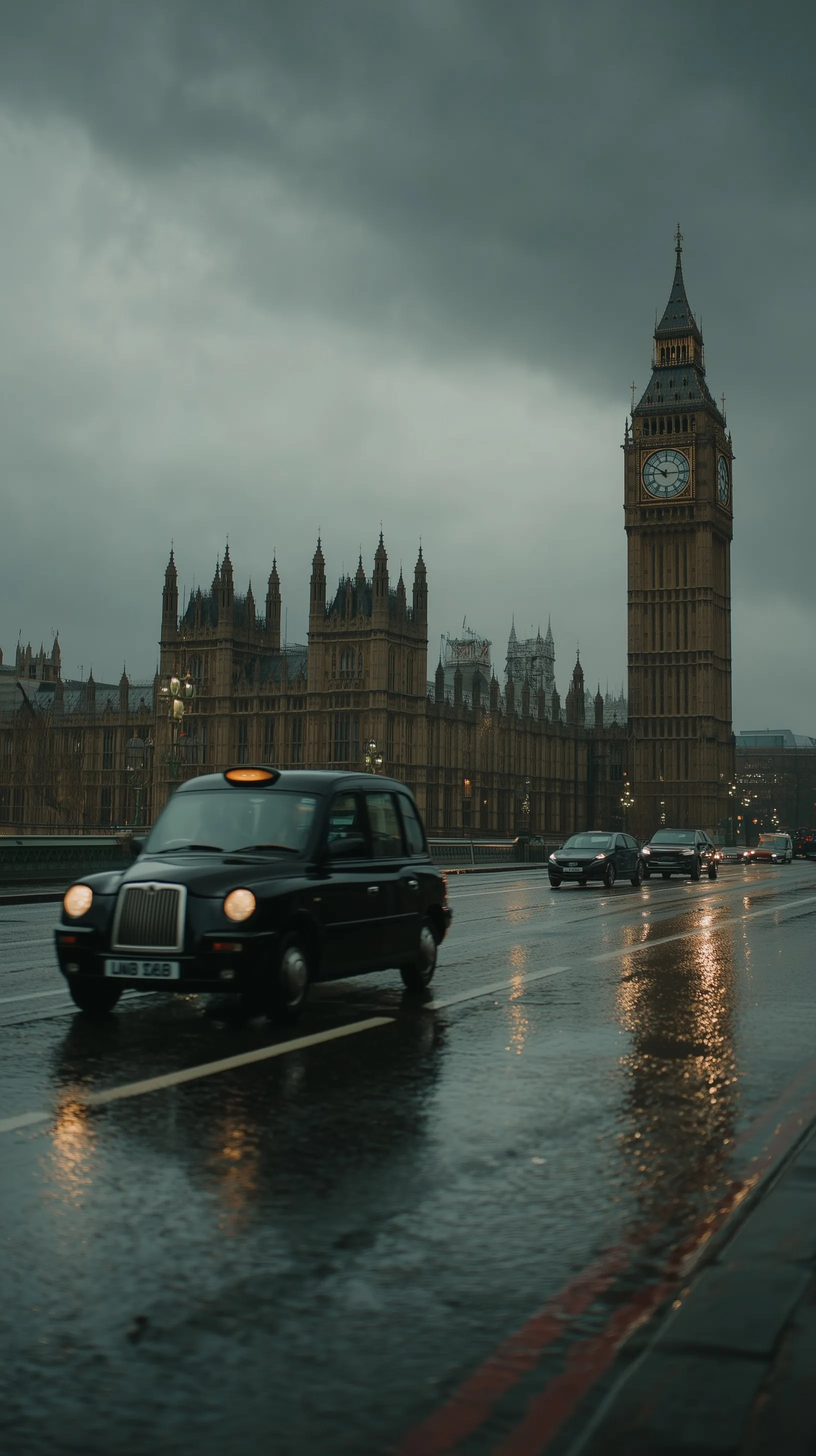 A cinematic black cab driving over Westminster Bridge in London during a rainy, moody day with Big Ben in the back.