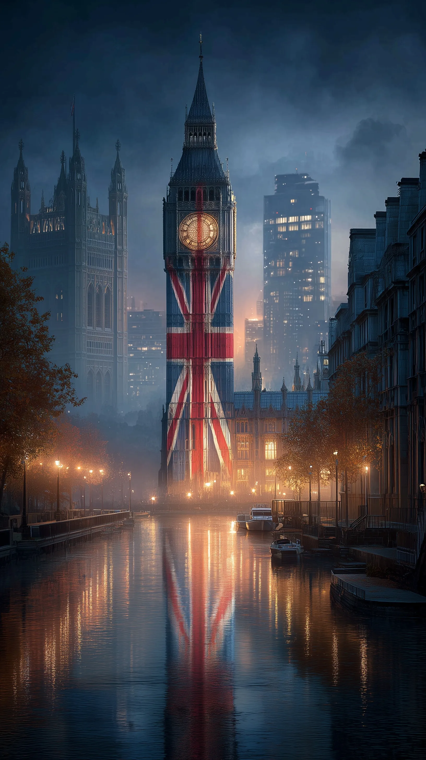 Glowing London night cityscape with a Union Jack projection on Big Ben and the London Eye for mobile wallpapers.