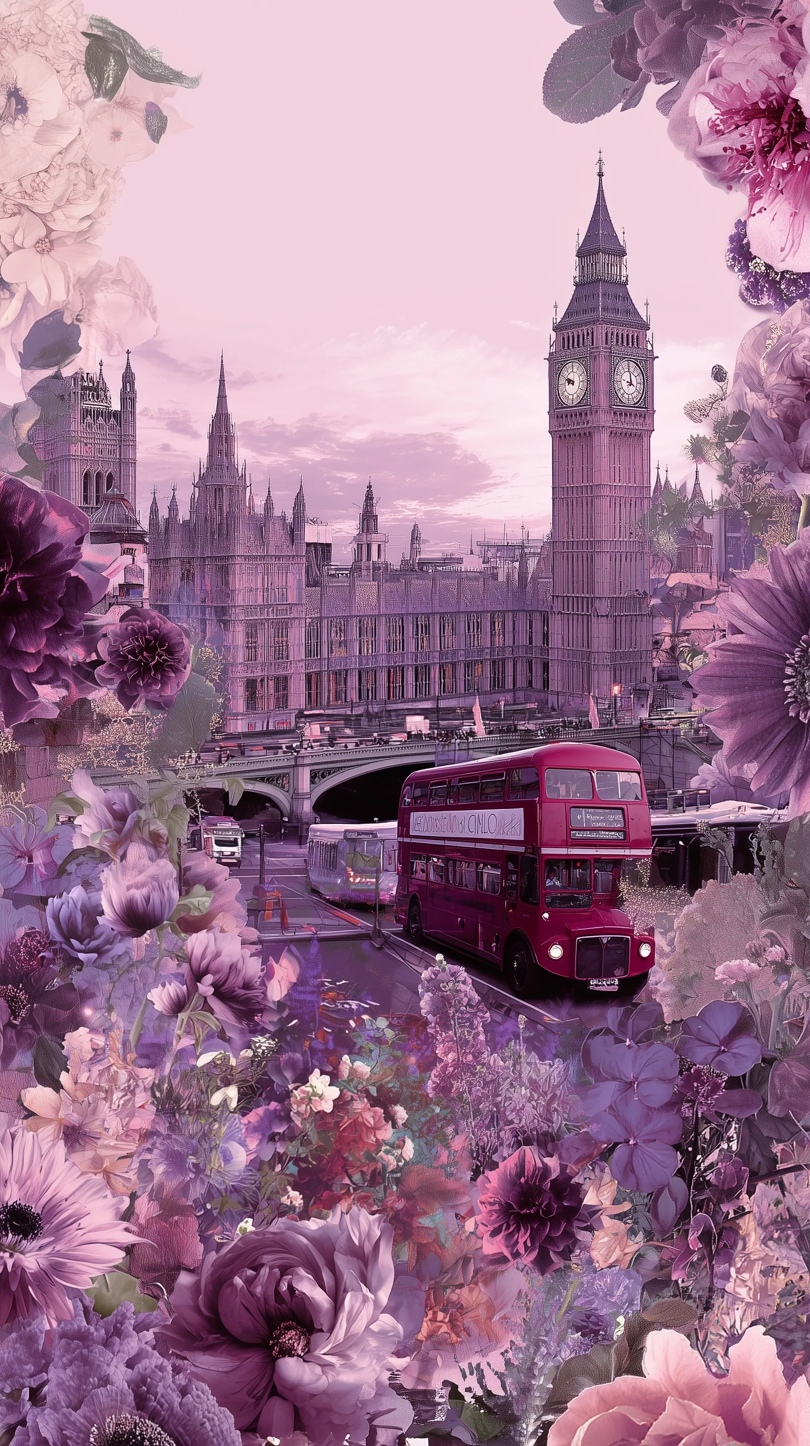 Aesthetic London street scene with purple floral decorations, perfect for a dreamy mobile wallpaper background.