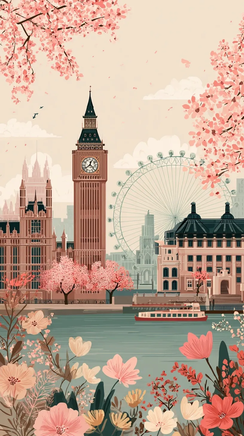 Flat illustration of London landmarks, Big Ben and London Eye with spring flowers in pastel colors.