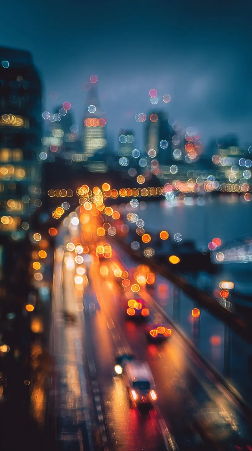 Cinematic night view of the London bay area with glowing blurry city lights in a vertical mobile wallpaper format.