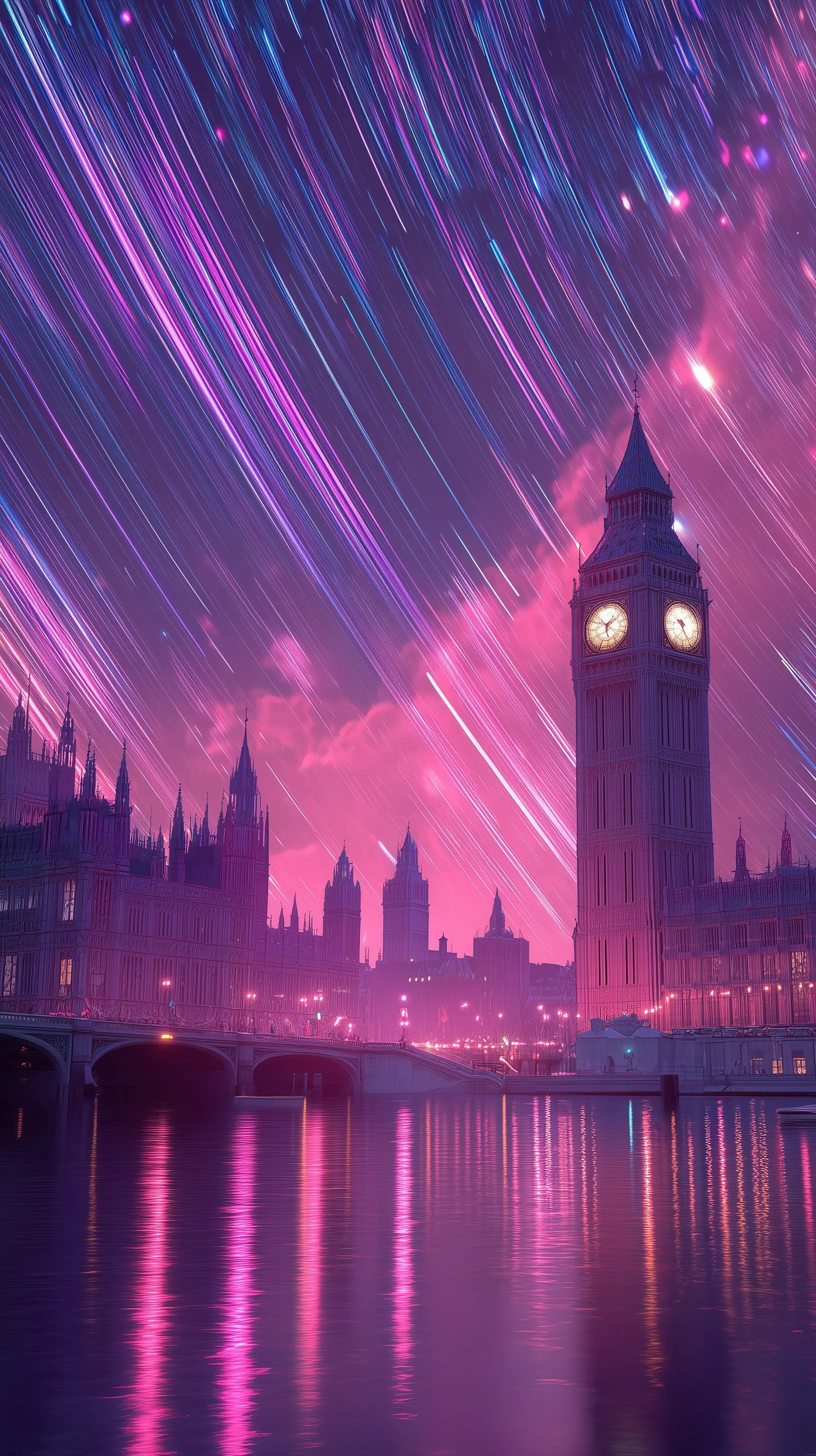 A cinematic, neon-pink London Big Ben cityscape with cosmic light trails in a surreal, dreamy cyberpunk style.